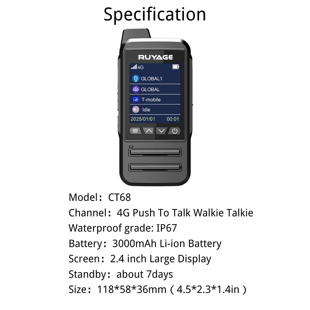 Ruyage CT68 IP67 Waterproof Nationwide LTE Push-to-Talk Two Way Radio