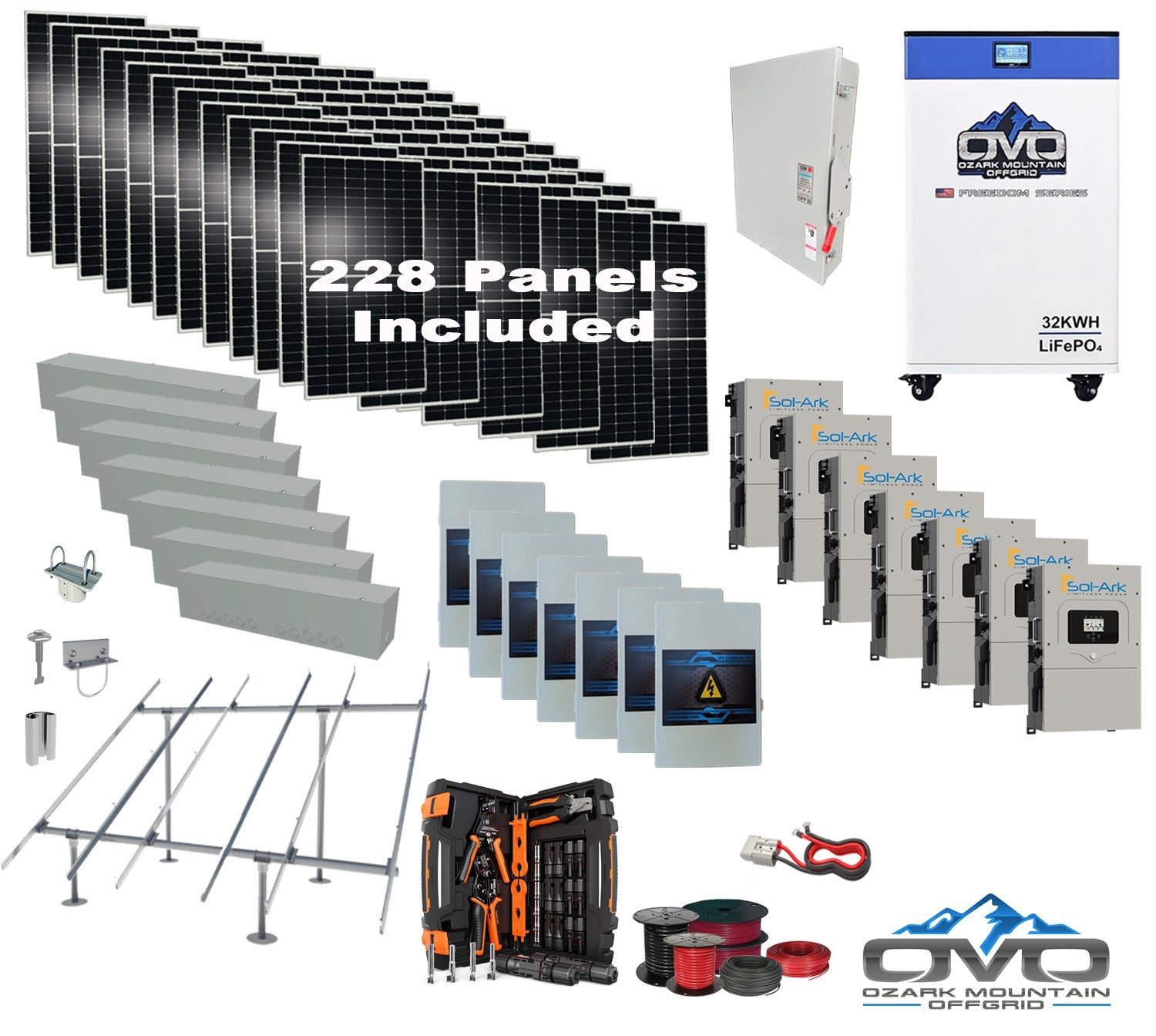 125KW Complete Offgrid Solar Kit + 7x 15K Sol-Ark Inverter + 32kWh OMO 48V Freedom Series Lithium Battery +125.4KW Solar with Ground Mount and Wiring (SC)
