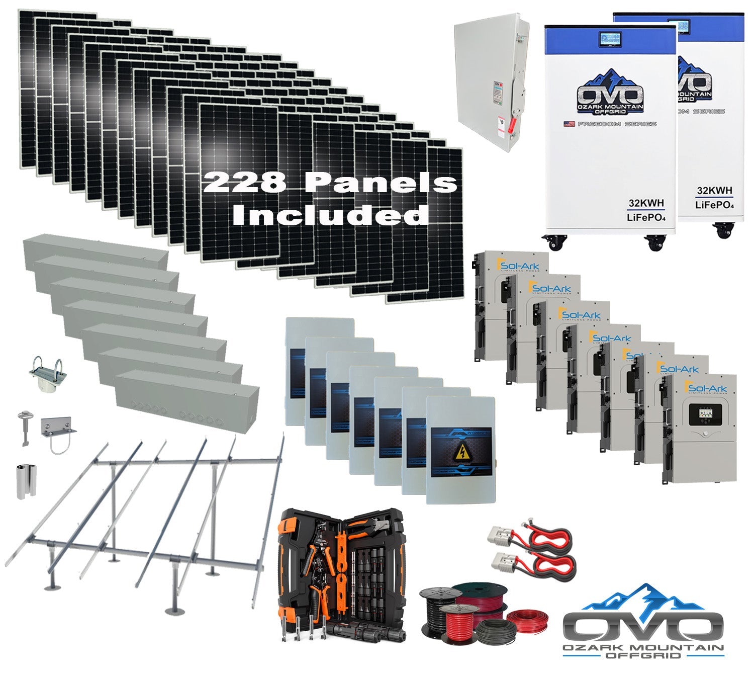 125KW Complete Offgrid Solar Kit + 7x 15K Sol-Ark Inverter + 2x 32kWh OMO 48V Freedom Series Lithium Battery +125.4KW Solar with Ground Mount and Wiring (SC)