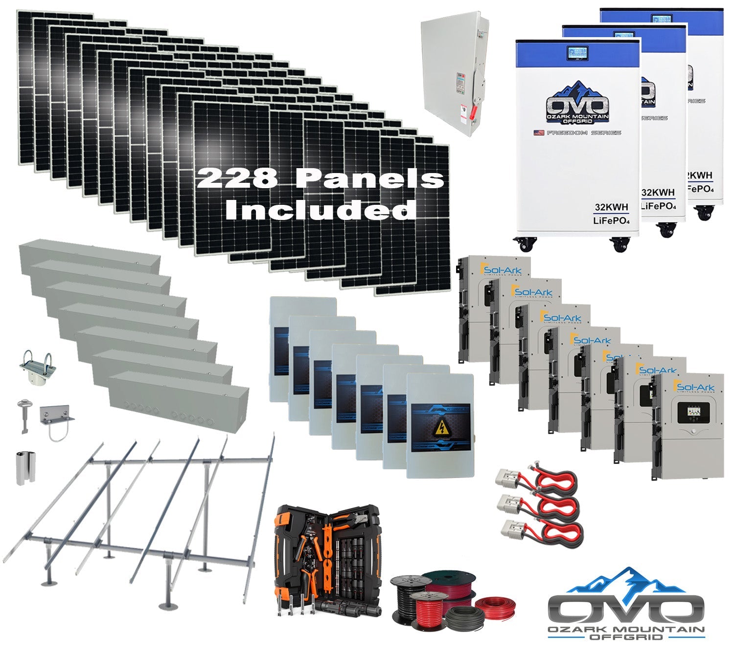 125KW Complete Offgrid Solar Kit + 7x 15K Sol-Ark Inverter + 3x 32kWh OMO 48V Freedom Series Lithium Battery +125.4KW Solar with Ground Mount and Wiring (SC)