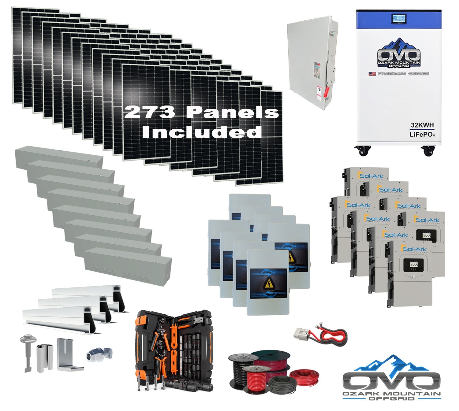 150KW Complete Offgrid Solar Kit + 8x 15K Sol-Ark Inverter + 32kWh OMO 48V Freedom Series Lithium Battery +150.15KW Solar with Roof Mount and Wiring (SC)