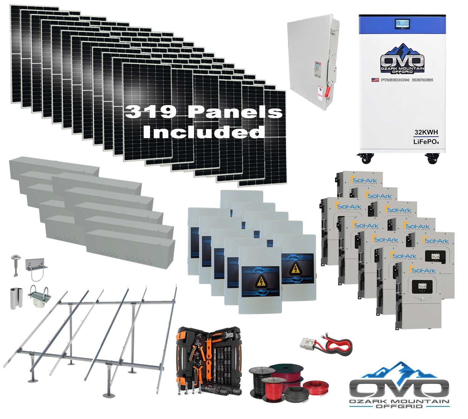 175KW Complete Offgrid Solar Kit + 10x 15K Sol-Ark Inverter + 32kWh OMO 48V Freedom Series Lithium Battery +175.45KW Solar with Ground Mount and Wiring (SC)
