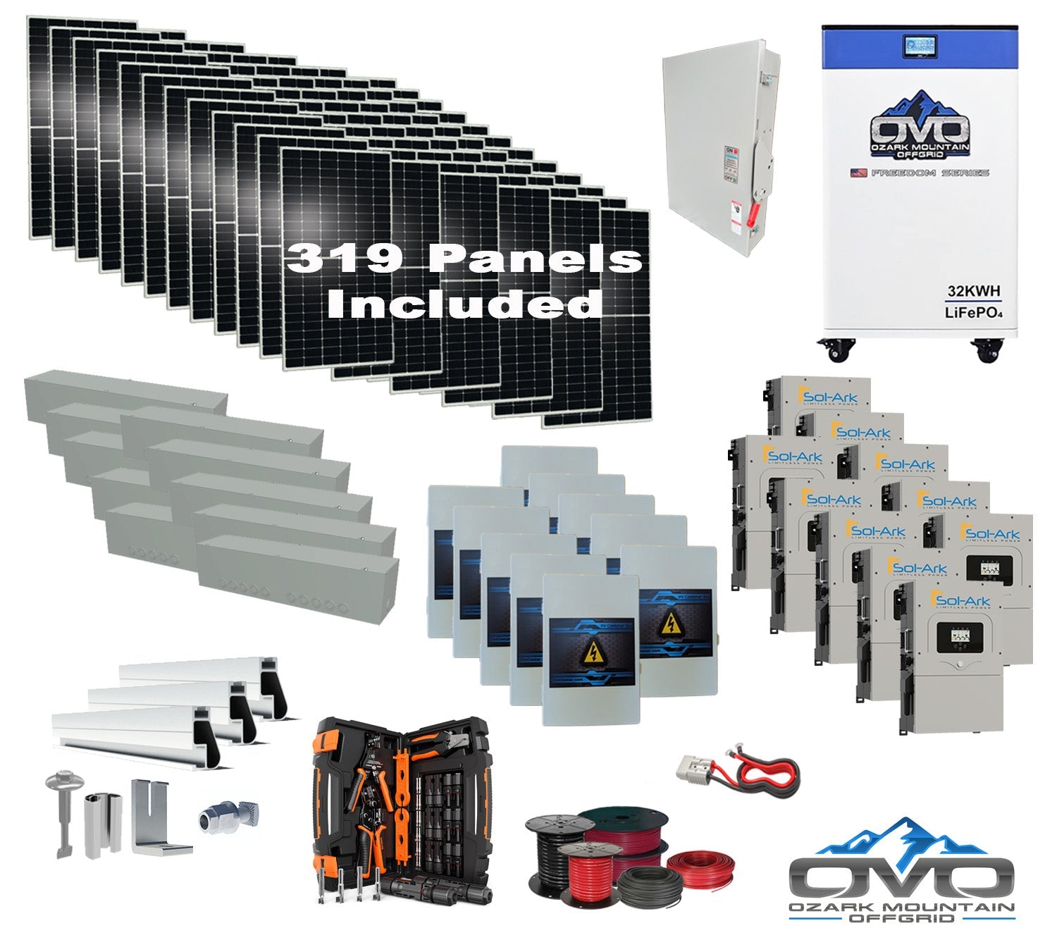 175KW Complete Offgrid Solar Kit + 10x 15K Sol-Ark Inverter + 32kWh OMO 48V Freedom Series Lithium Battery +175.45KW Solar with Roof Mount and Wiring (SC)