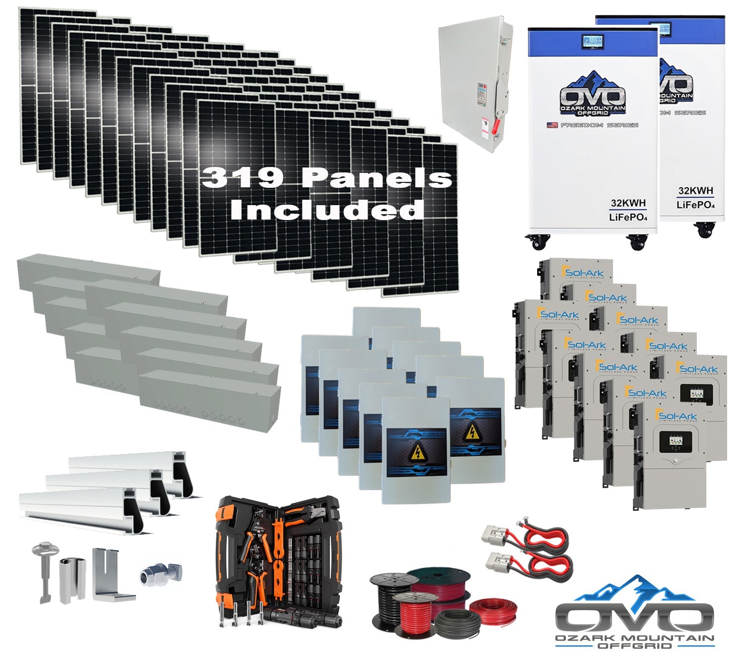 175KW Complete Offgrid Solar Kit + 10x 15K Sol-Ark Inverter + 2x 32kWh OMO 48V Freedom Series Lithium Battery +175.45KW Solar with Roof Mount and Wiring (SC)