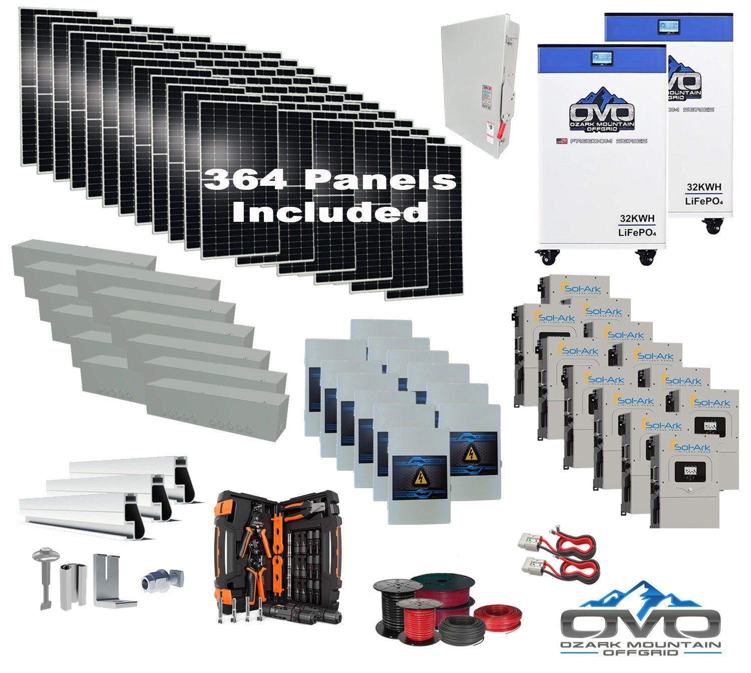 200KW Complete Offgrid Solar Kit + 12x 15K Sol-Ark Inverter + 2x 32kWh OMO 48V Freedom Series Lithium Battery +200.2KW Solar with Roof Mount and Wiring (SC)