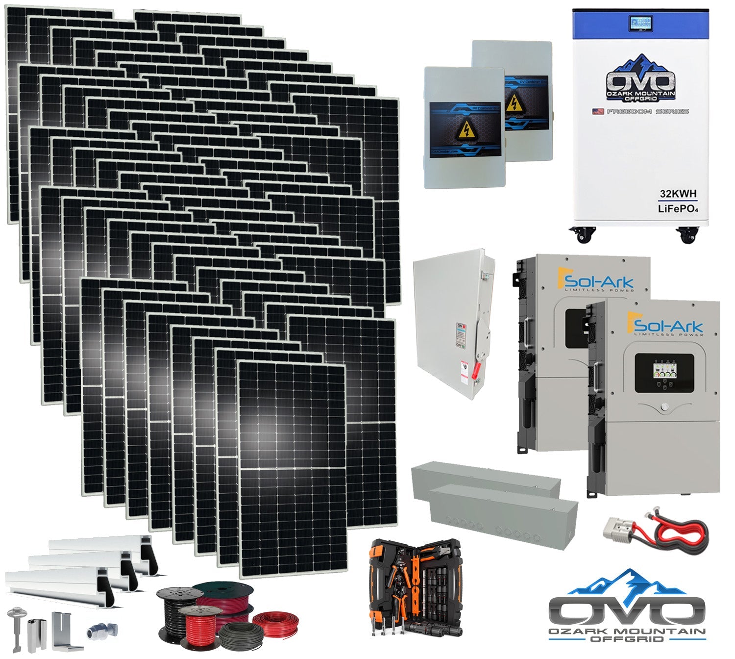 35KW Complete Offgrid Solar Kit + 2x 15K Sol-Ark Inverter + 32kWh OMO 48V Freedom Series Lithium Battery +35.2KW Solar with Roof Mount and Wiring (SC)