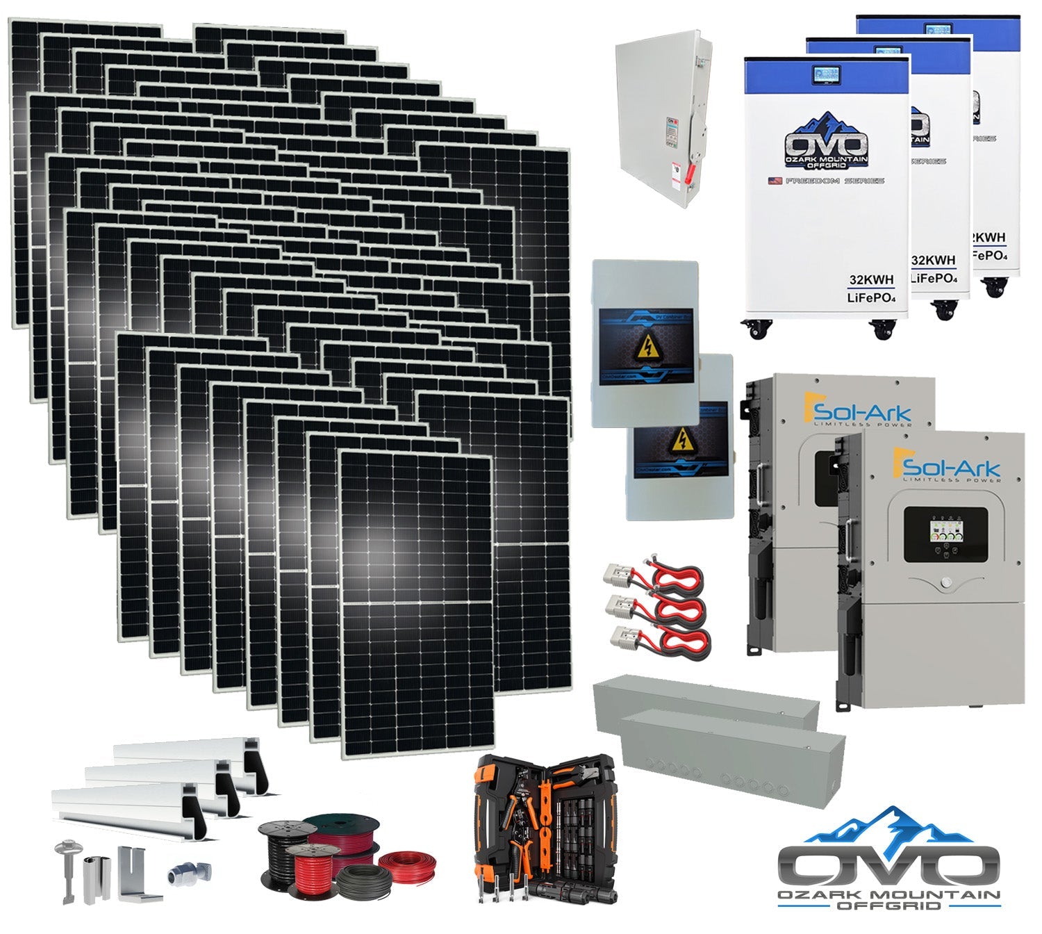 35KW Complete Offgrid Solar Kit + 2x 15K Sol-Ark Inverter + 3x 30KW Lithium Kong Battery +35.2KW Solar with Roof Mount and Wiring (SC)