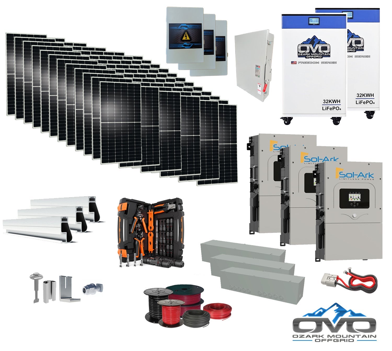 40KW Complete Offgrid Solar Kit + 3x 15K Sol-Ark Inverter + 2x 32kWh OMO 48V Freedom Series Lithium Battery +40.15KW Solar with Roof Mount and Wiring (SC)