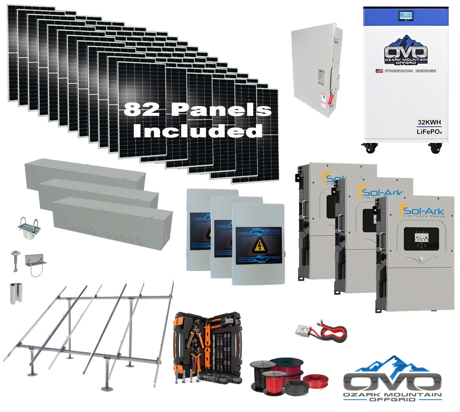 45KW Complete Offgrid Solar Kit + 3x 15K Sol-Ark Inverter + 32kWh OMO 48V Freedom Series Lithium Battery +45.1KW Solar with Ground Mount and Wiring (SC)