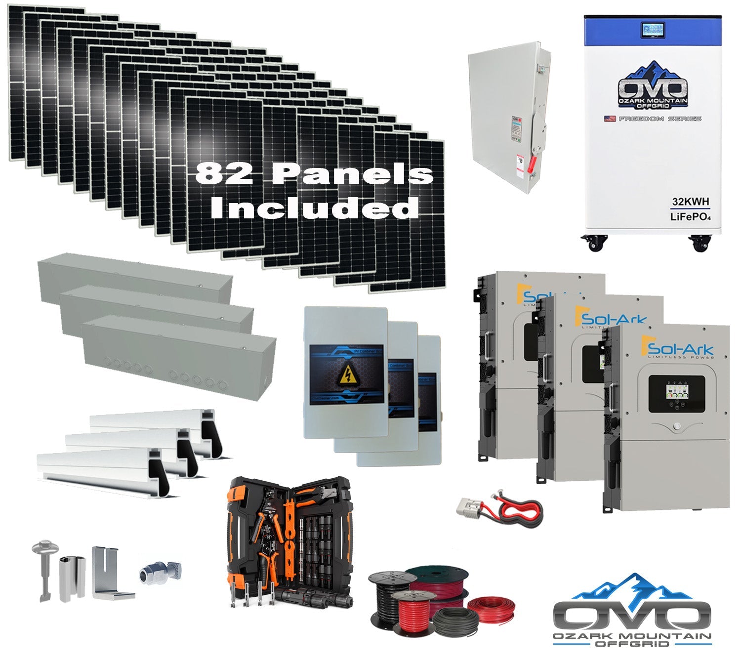 45KW Complete Offgrid Solar Kit + 3x 15K Sol-Ark Inverter + 32kWh OMO 48V Freedom Series Lithium Battery +45.1KW Solar with Roof Mount and Wiring (SC)