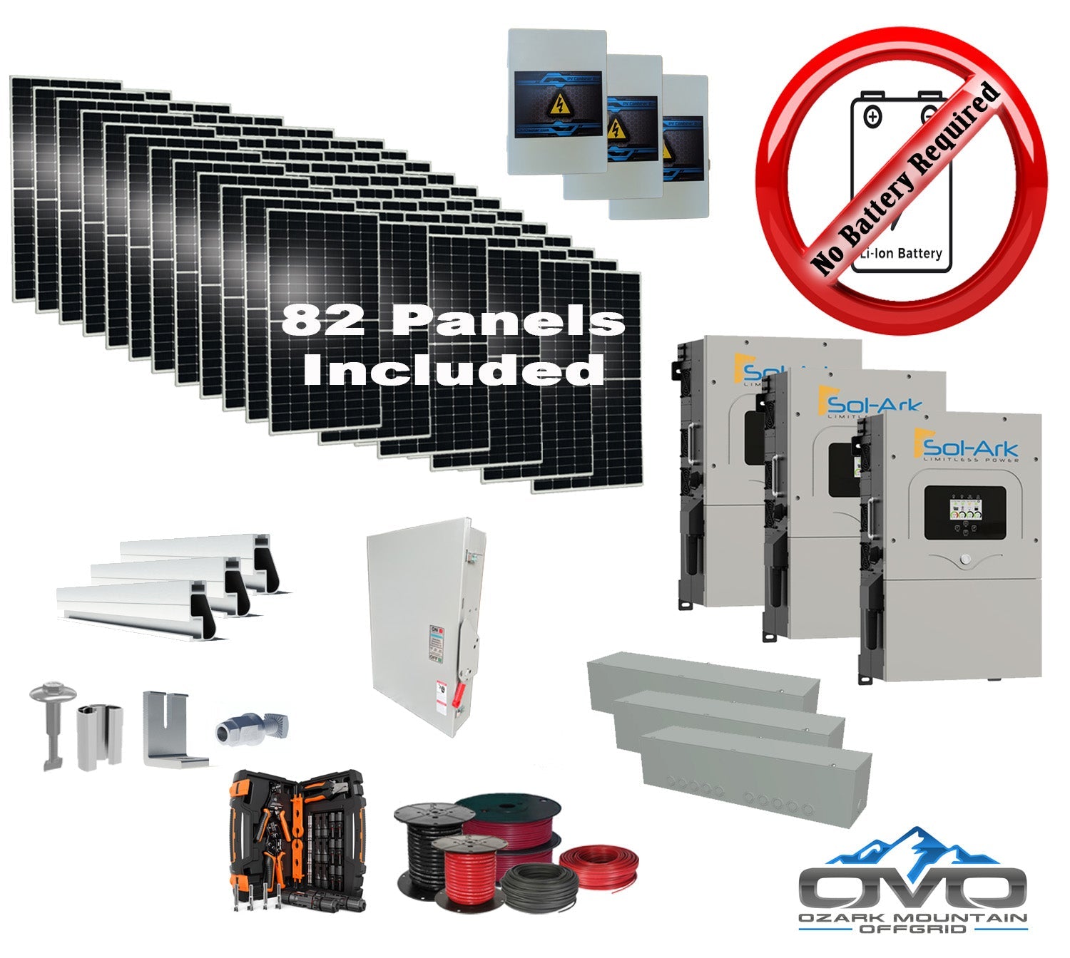 45KW Complete Offgrid Solar Kit + 3x 15K Sol-Ark Inverter +45.1KW Solar with Mounting Rails and Wiring (SC)