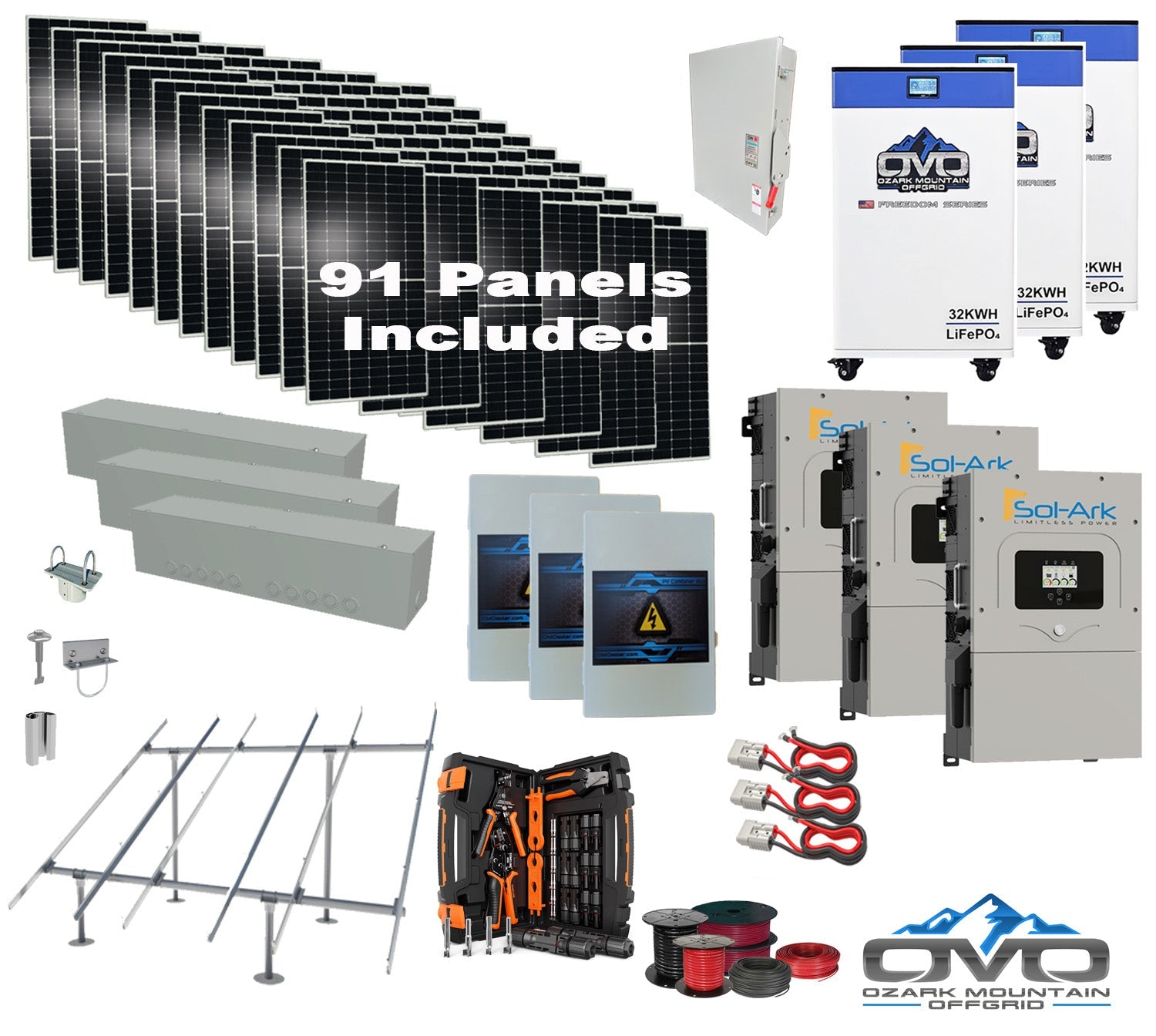 50KW Complete Offgrid Solar Kit + 3x 15K Sol-Ark Inverter + 3x 32kWh OMO 48V Freedom Series Lithium Battery +50.05KW Solar with Ground Mount and Wiring (SC)