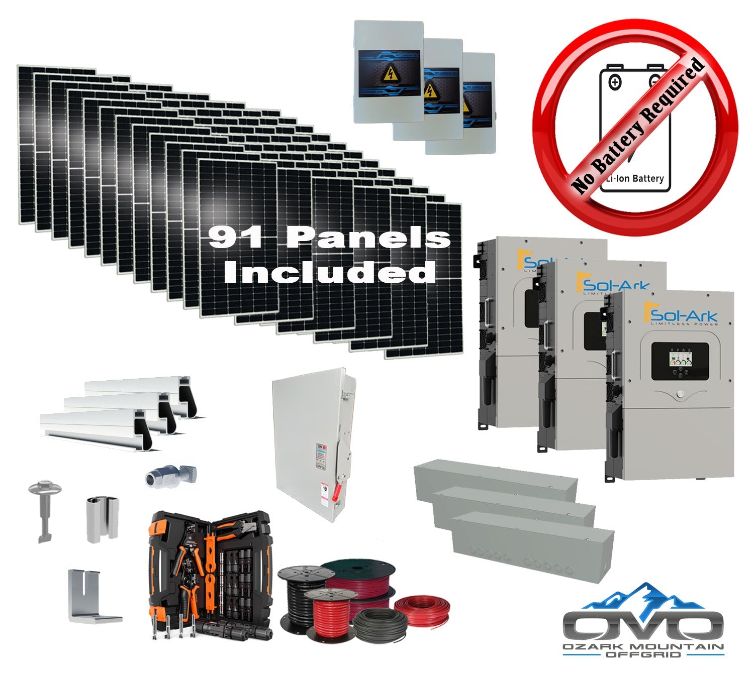 50KW Complete Offgrid Solar Kit + 3x 15K Sol-Ark Inverter +50.05KW Solar with Mounting Rails and Wiring (SC)