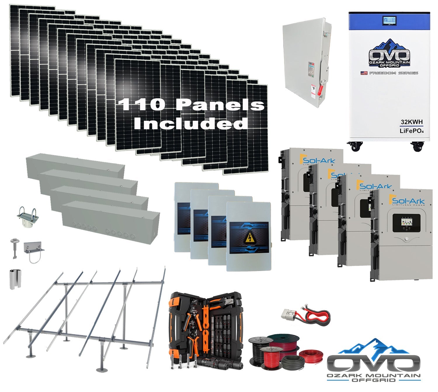 60KW Complete Offgrid Solar Kit + 4x 15K Sol-Ark Inverter + 32kWh OMO 48V Freedom Series Lithium Battery +60.5KW Solar with Ground Mount and Wiring (SC)