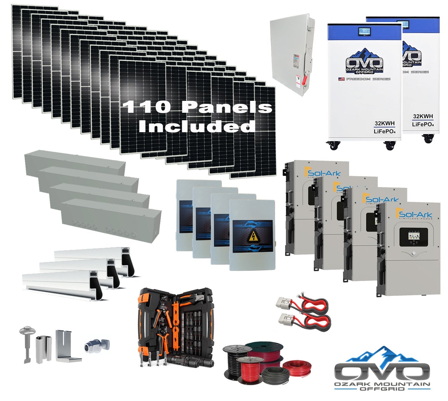 60KW Complete Offgrid Solar Kit + 4x 15K Sol-Ark Inverter + 2x 32kWh OMO 48V Freedom Series Lithium Battery +60.5KW Solar with Roof Mount and Wiring (SC)