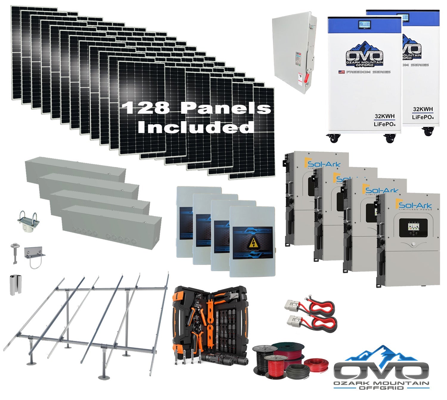 70KW Complete Offgrid Solar Kit + 4x 15K Sol-Ark Inverter + 2x 32kWh OMO 48V Freedom Series Lithium Battery +70.4KW Solar with Ground Mount and Wiring (SC)