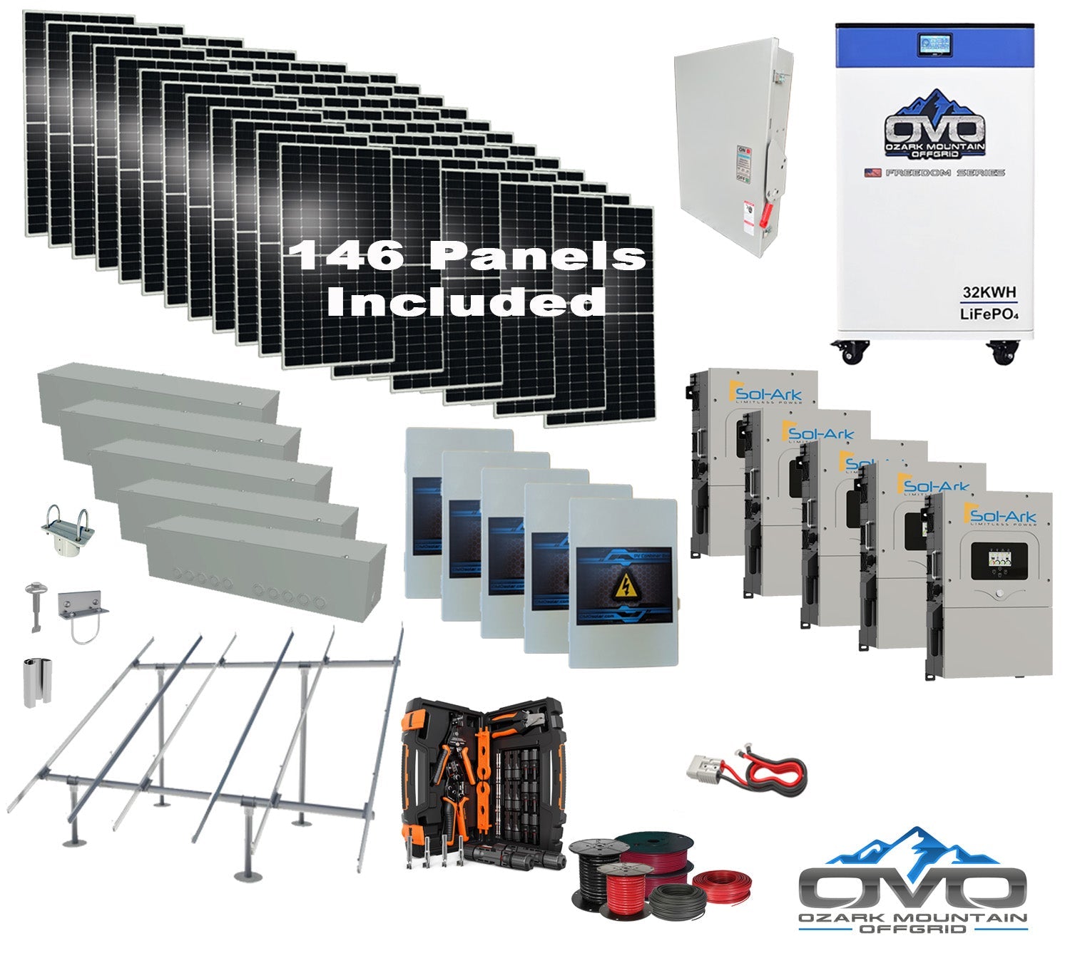80KW Complete Offgrid Solar Kit + 5x 15K Sol-Ark Inverter + 32kWh OMO 48V Freedom Series Lithium Battery +80.3KW Solar with Ground Mount and Wiring (SC)