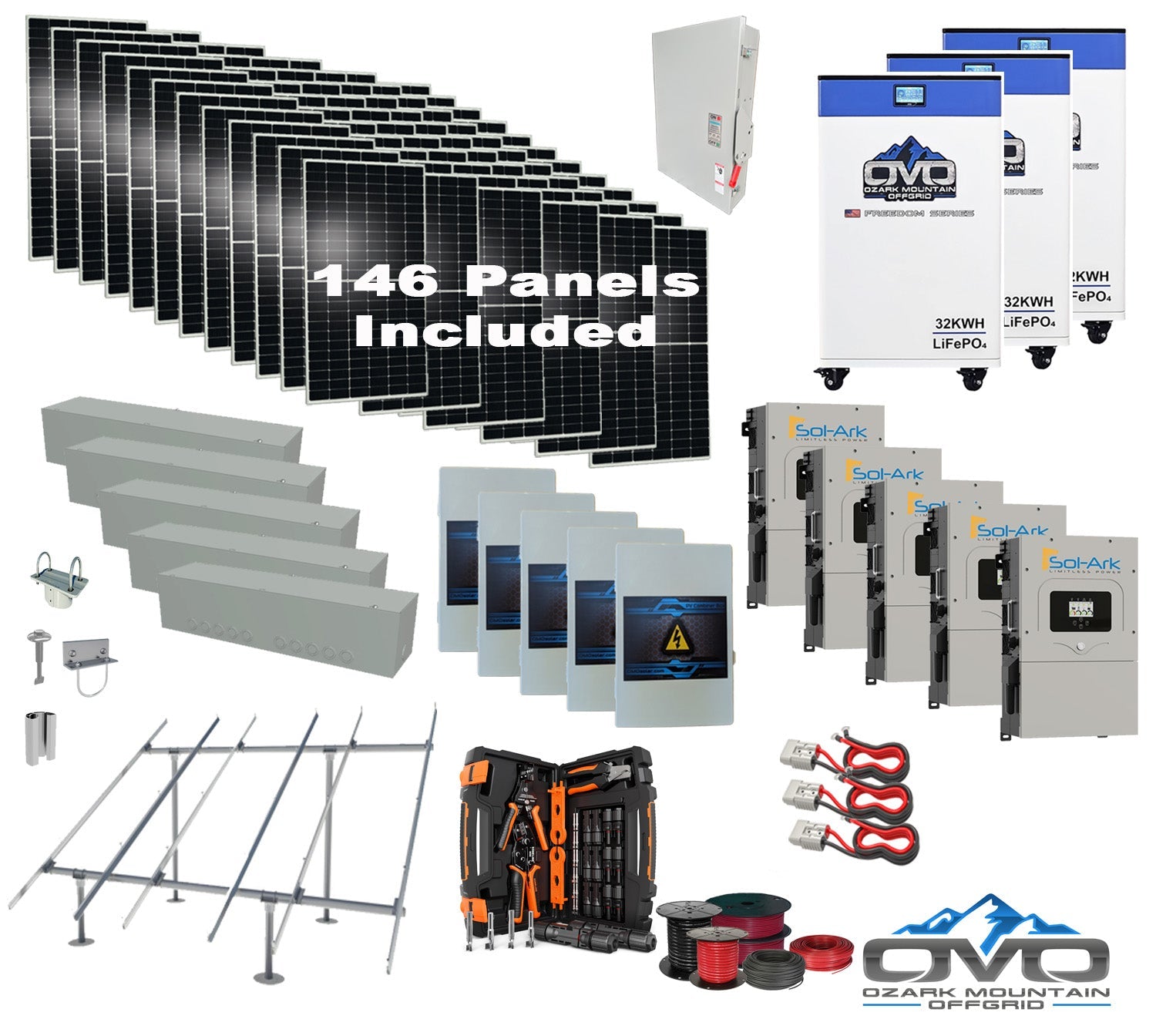 80KW Complete Offgrid Solar Kit + 5x 15K Sol-Ark Inverter + 3x 32kWh OMO 48V Freedom Series Lithium Battery +80.3KW Solar with Ground Mount and Wiring (SC)