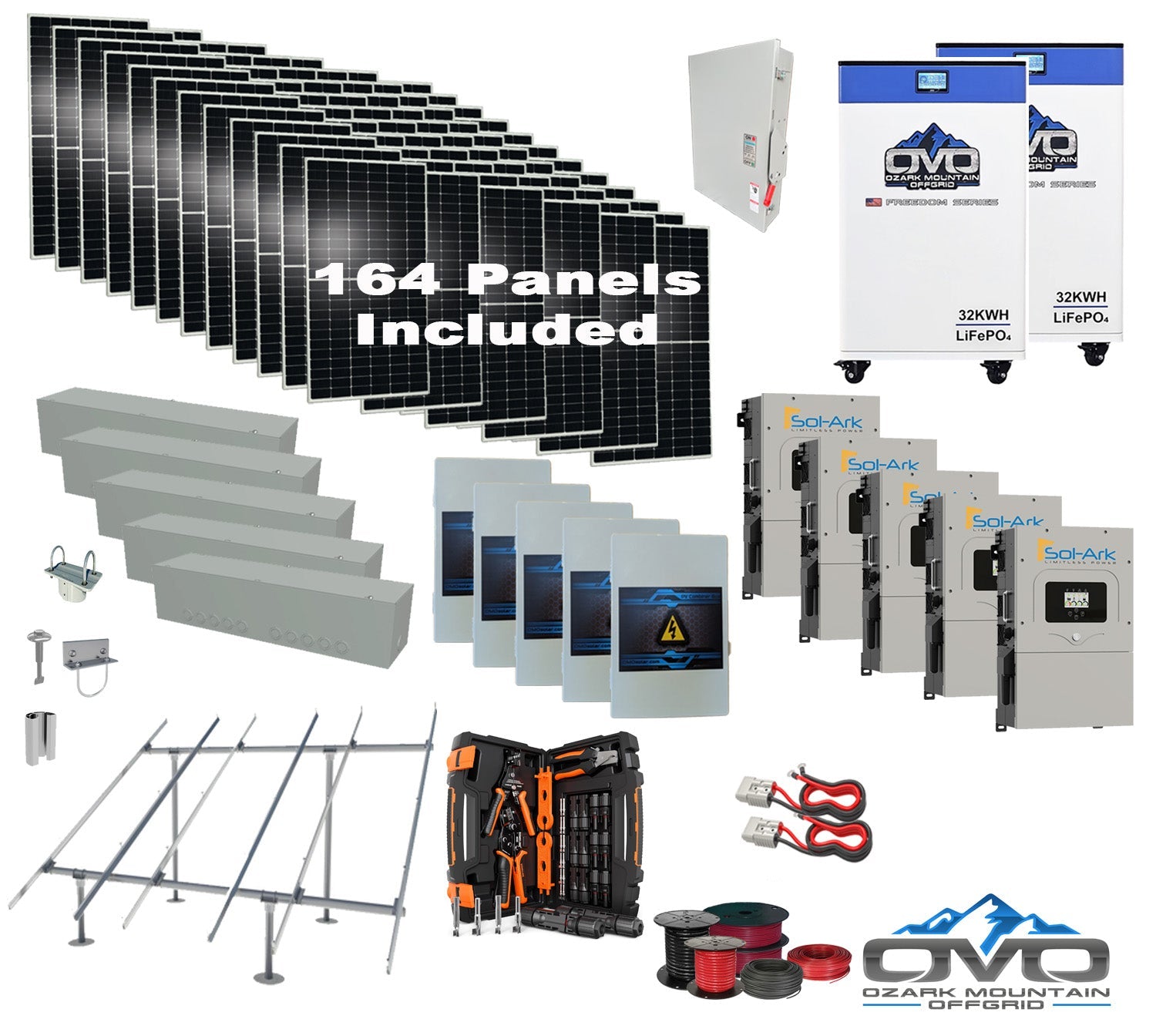 90KW Complete Offgrid Solar Kit + 5x 15K Sol-Ark Inverter + 2x 32kWh OMO 48V Freedom Series Lithium Battery +90.2KW Solar with Ground Mount and Wiring (SC)