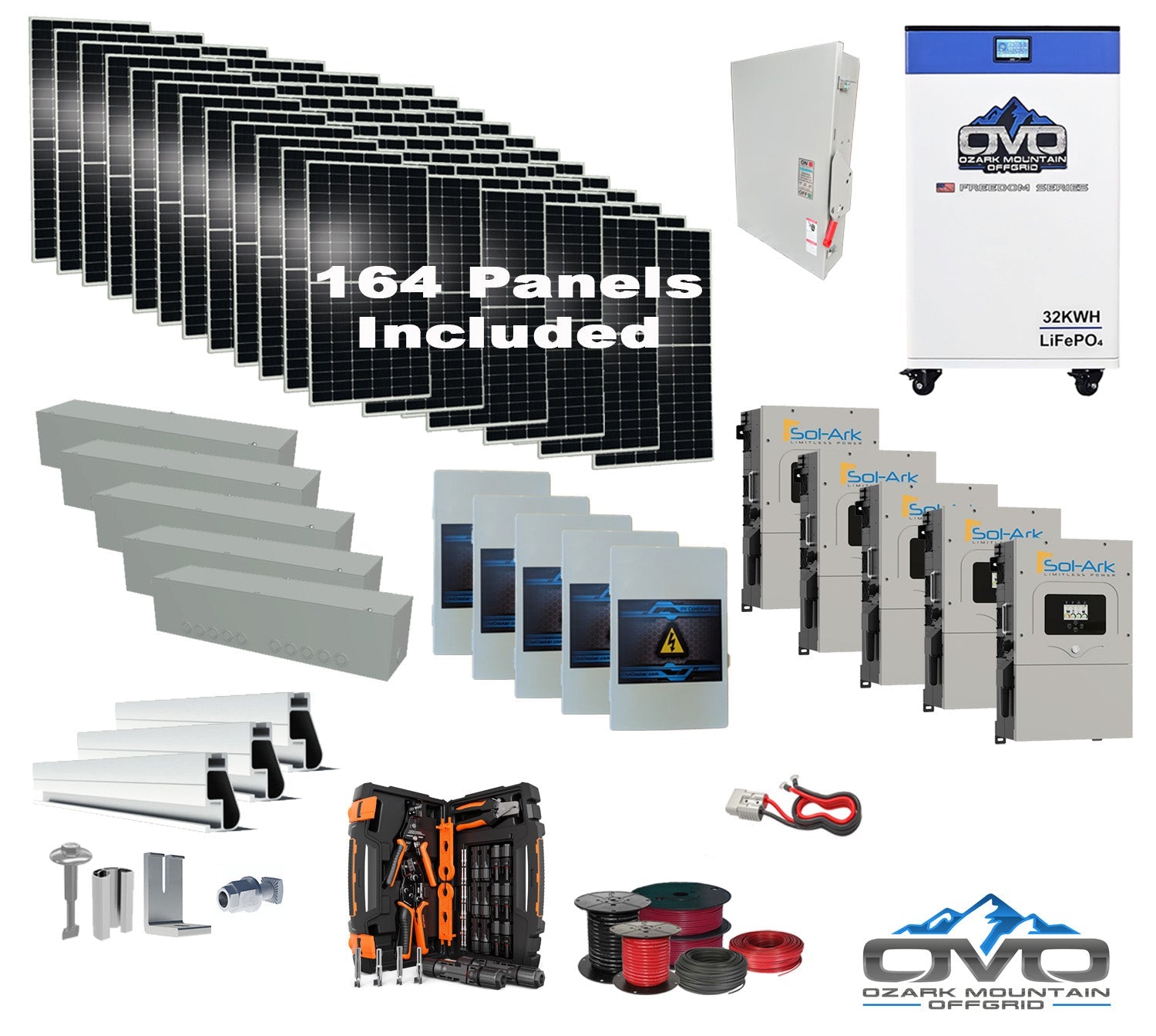 90KW Complete Offgrid Solar Kit + 5x 15K Sol-Ark Inverter + 32kWh OMO 48V Freedom Series Lithium Battery +90.2KW Solar with Roof Mount and Wiring (SC)