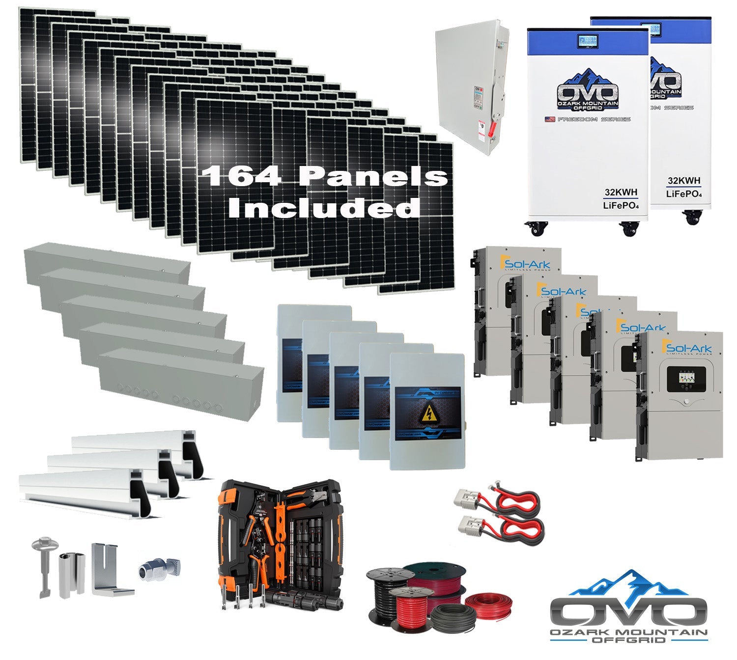 90KW Complete Offgrid Solar Kit + 5x 15K Sol-Ark Inverter + 2x 32kWh OMO 48V Freedom Series Lithium Battery +90.2KW Solar with Roof Mount and Wiring (SC)