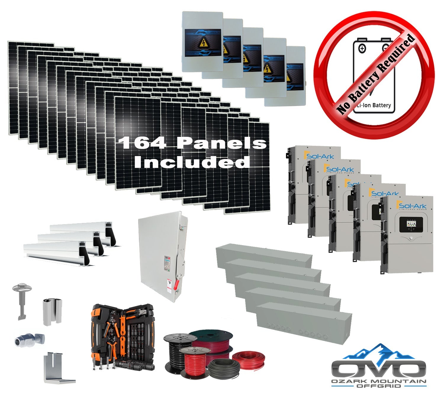 90KW Complete Offgrid Solar Kit + 5x 15K Sol-Ark Inverter +90.2KW Solar with Mounting Rails and Wiring (SC)