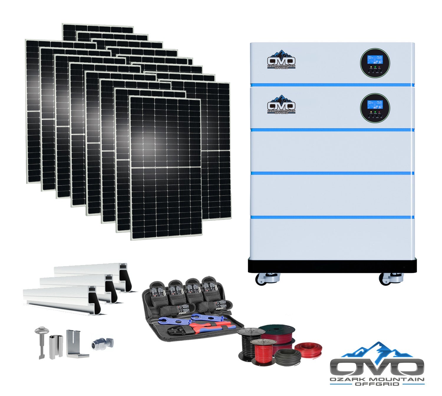 8KW OMO All-In-One Customizable Stacking Inverter/Battery System 120/240 11000W Total Inverter Output + 15.36K Lithium Battery + 8.8KW Solar Roof Mount (SC)