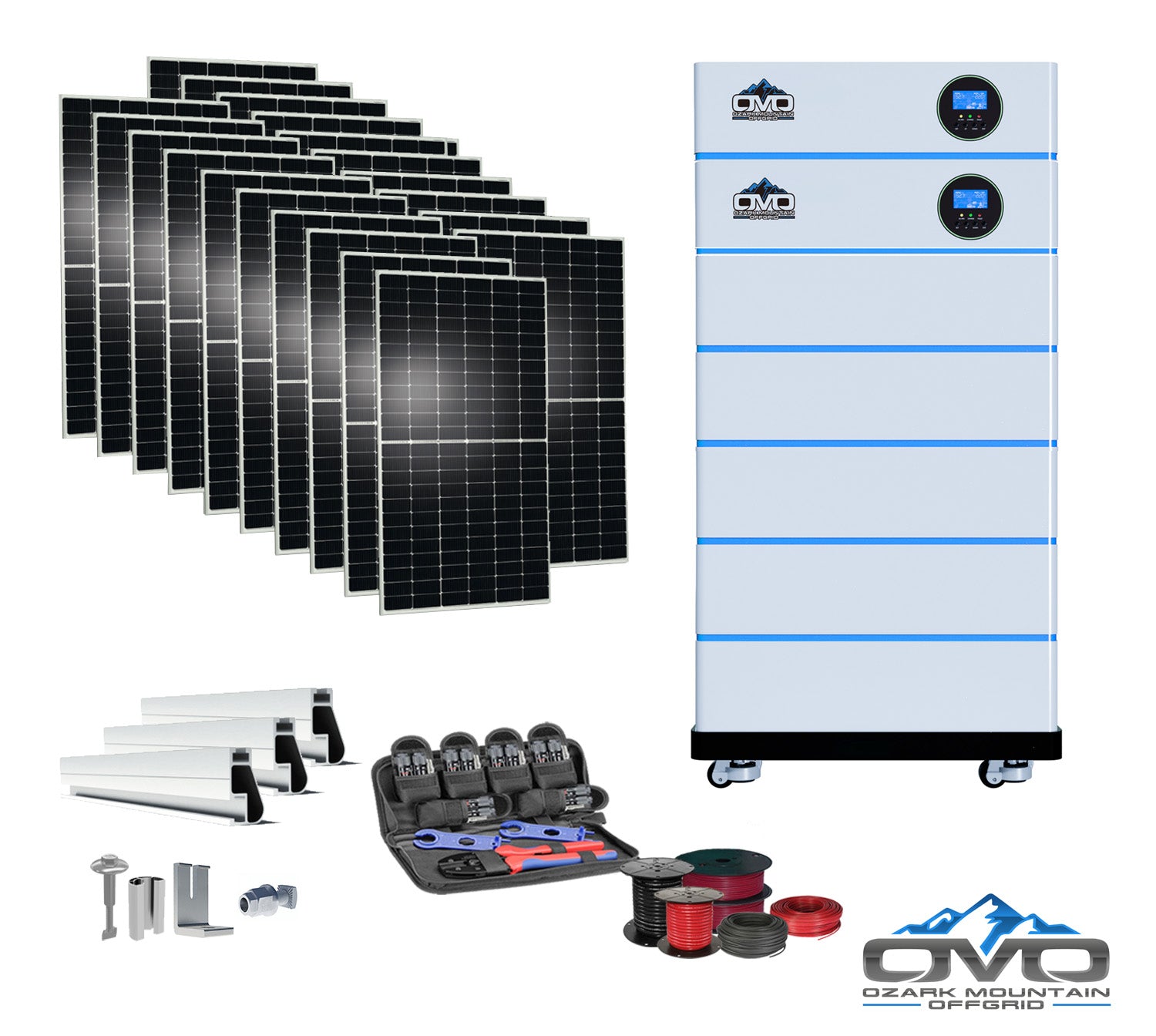 11KW OMO All-In-One Customizable Stacking Inverter/Battery System 120/240 11000W Total Inverter Output + 25.6K Lithium Battery + 11KW Solar Roof Mount (SC)