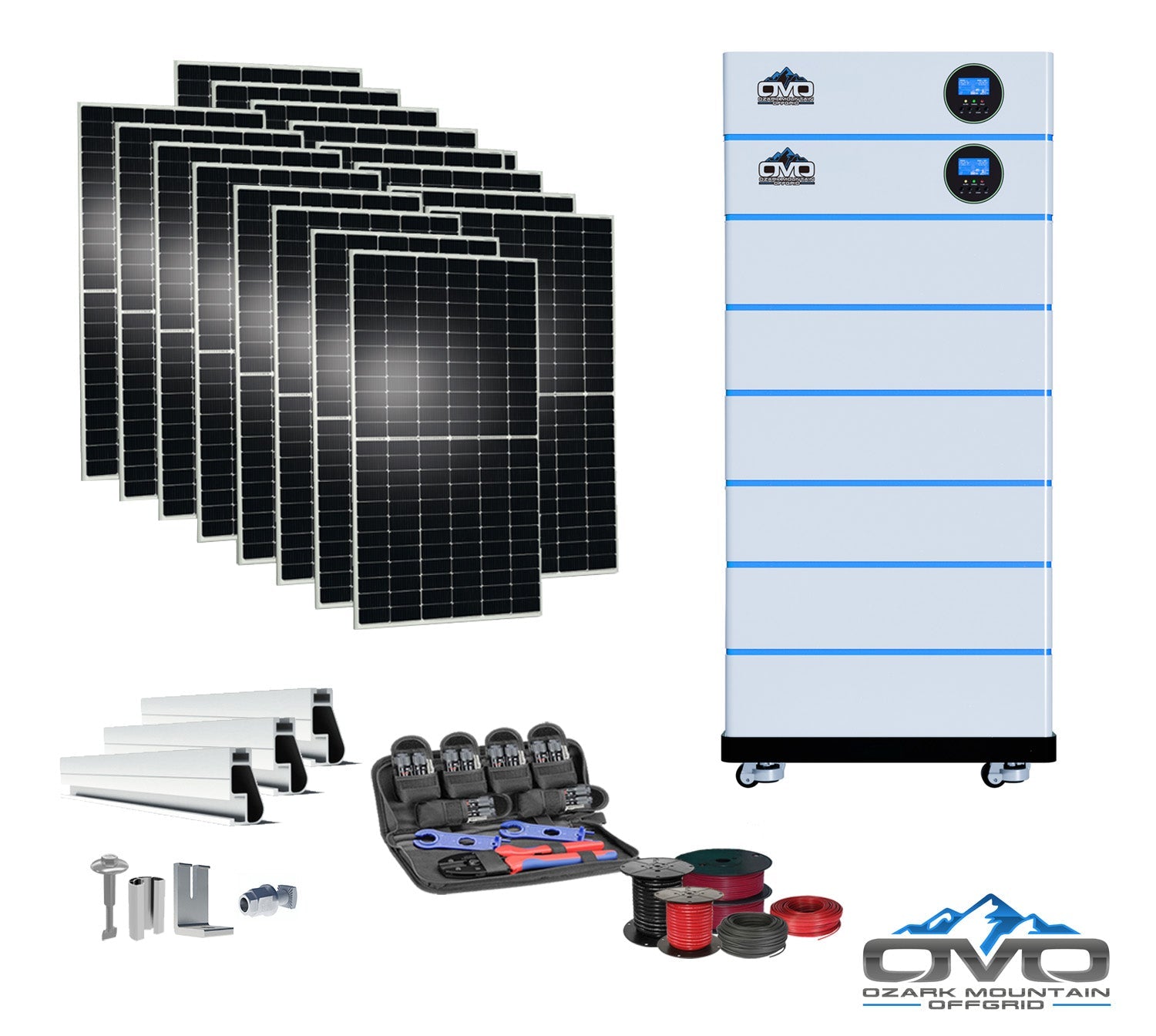 8KW OMO All-In-One Customizable Stacking Inverter/Battery System 120/240 11000W Total Inverter Output + 30.72K Lithium Battery + 8.8KW Solar Roof Mount (SC)