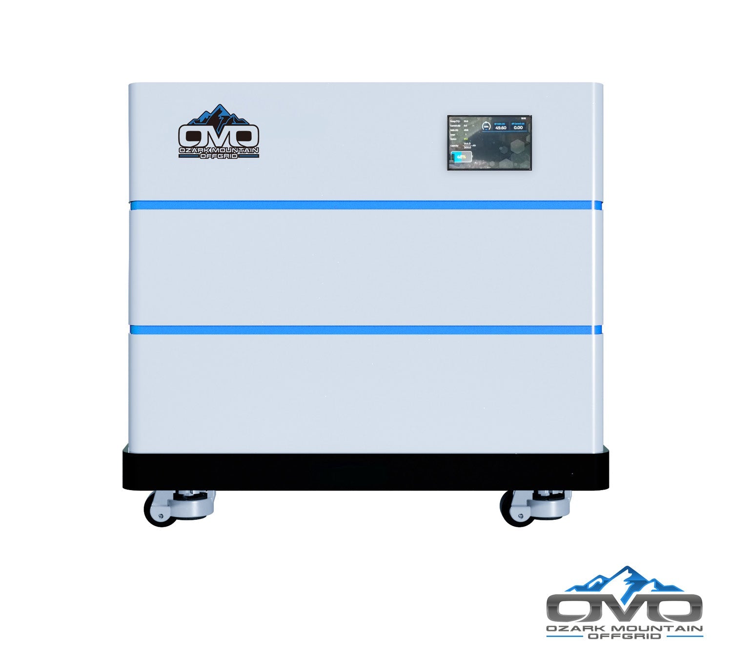 OMO Stackable 51.2V 10.24KW Heated LifePO4 Lithium Battery System - 2x 5.12KW Batteries + LCD Display Combiner + Wheeled Base (SC)