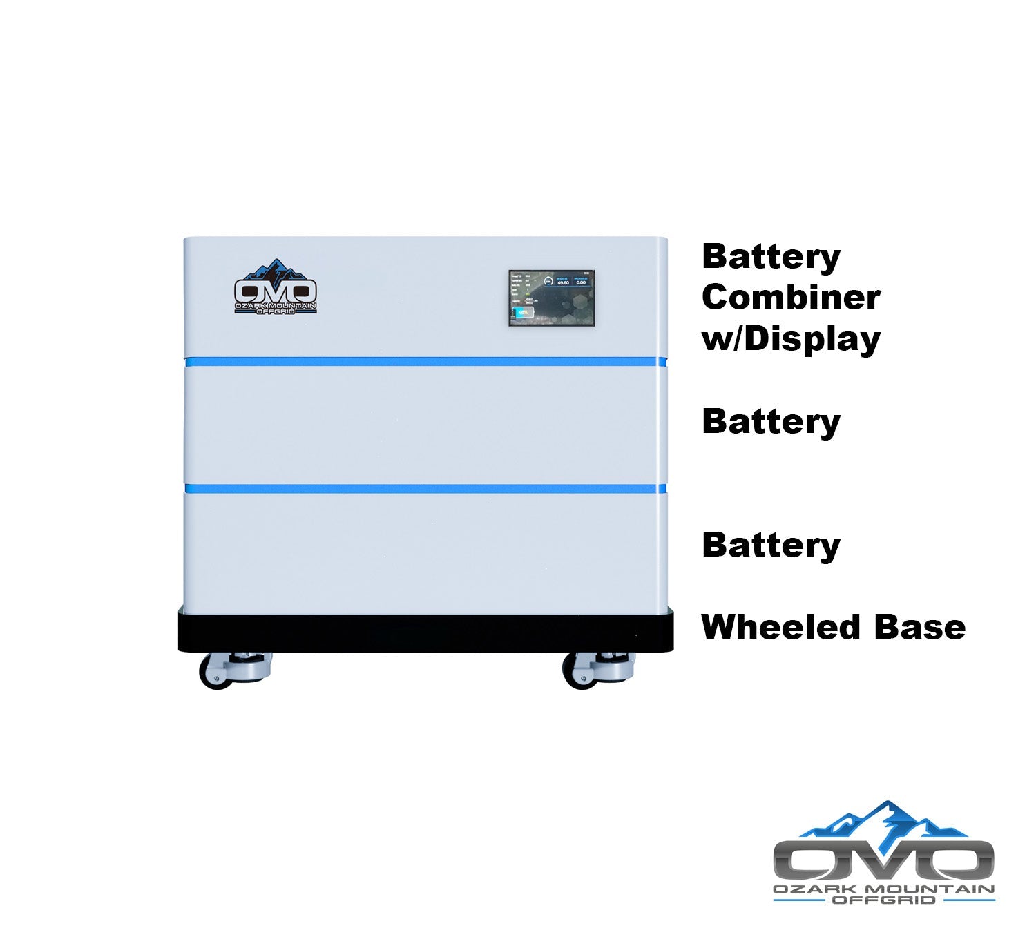 OMO Stackable 51.2V 10.24KW Heated LifePO4 Lithium Battery System - 2x 5.12KW Batteries + LCD Display Combiner + Wheeled Base (SC)