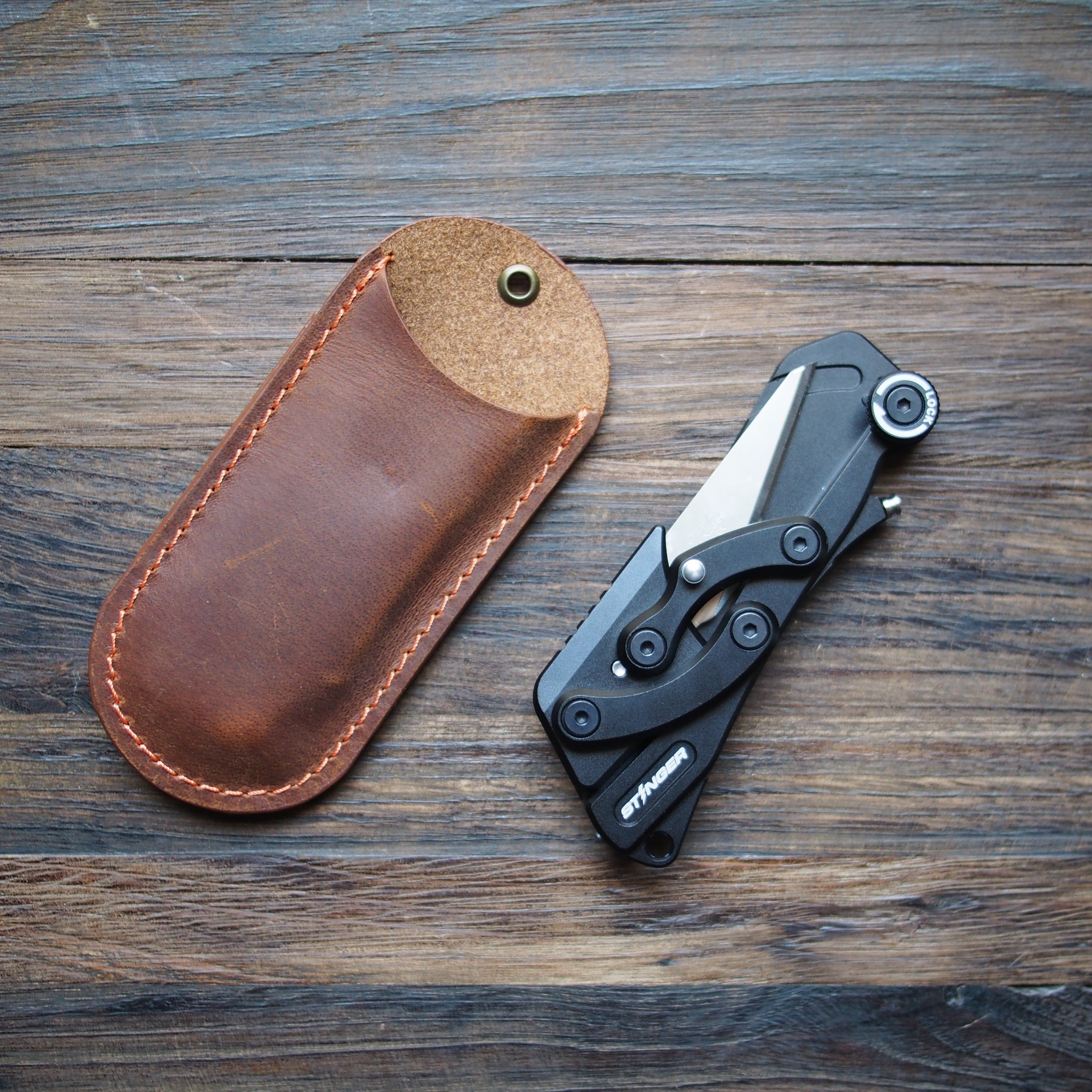Stinger Olfa Evolution Blade with Leather Pouch, Folding Pocket Knife, Utility Knife - Matte Black (SC)