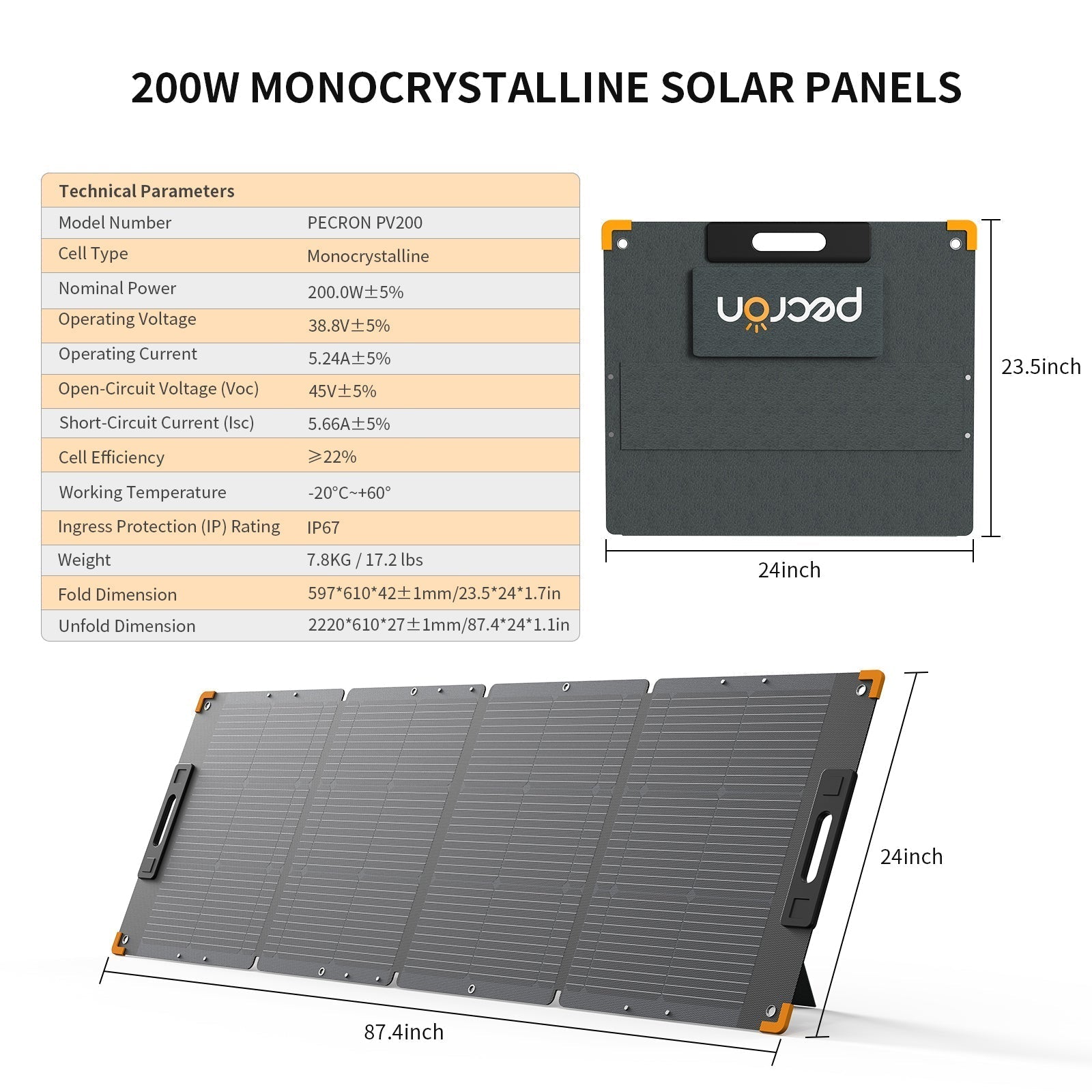 PECRON PV200 200W Portable Solar Panel Waterproof IP67 (SC)