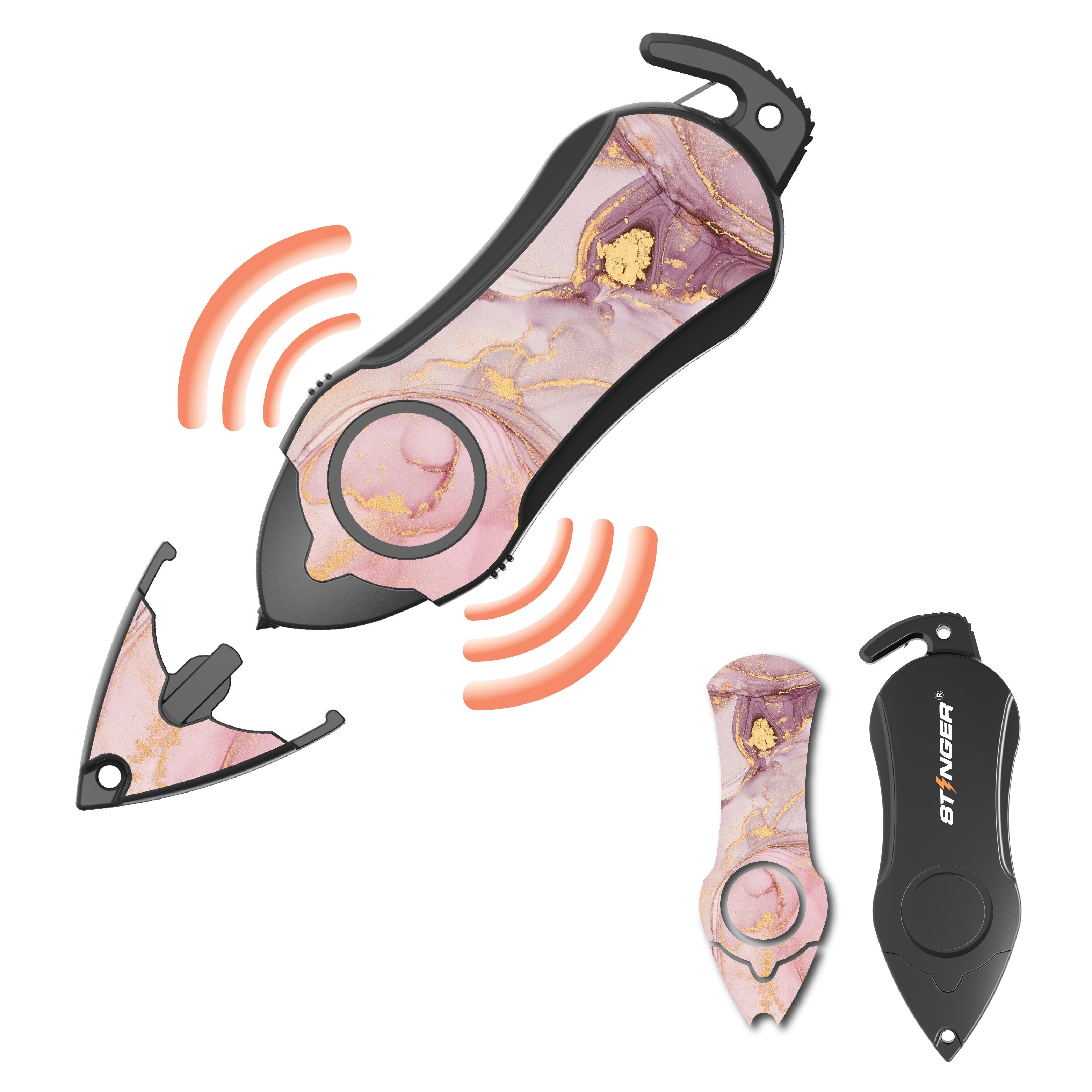 Stinger Personal Safety Alarm Keychain Emergency Tool: Siren Alarm, Seat Belt Cutter, Glass Breaker (Pink Marble) (SC)