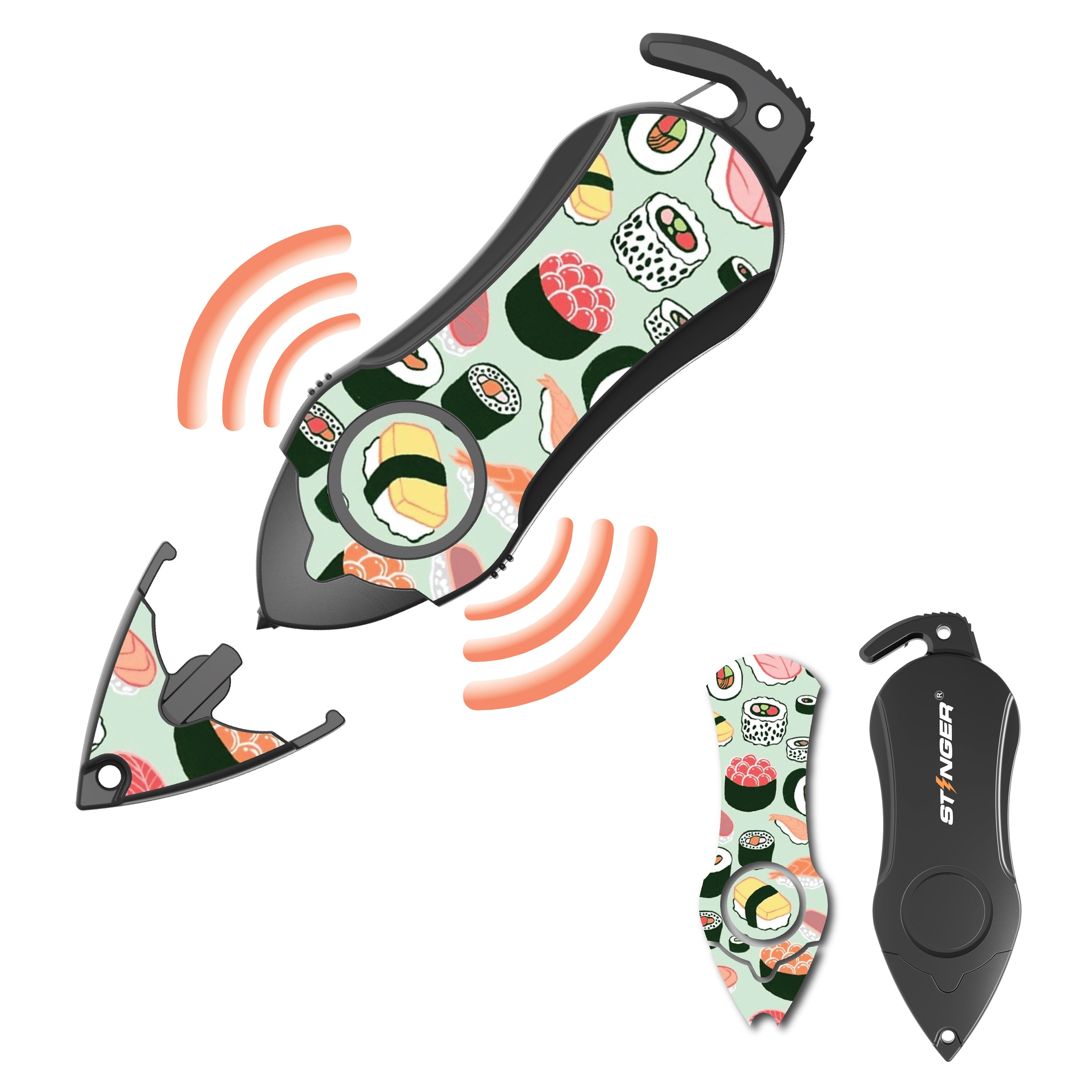 Stinger Personal Safety Alarm Keychain Emergency Tool: Siren Alarm, Seat Belt Cutter, Glass Breaker (Sushi) (SC)