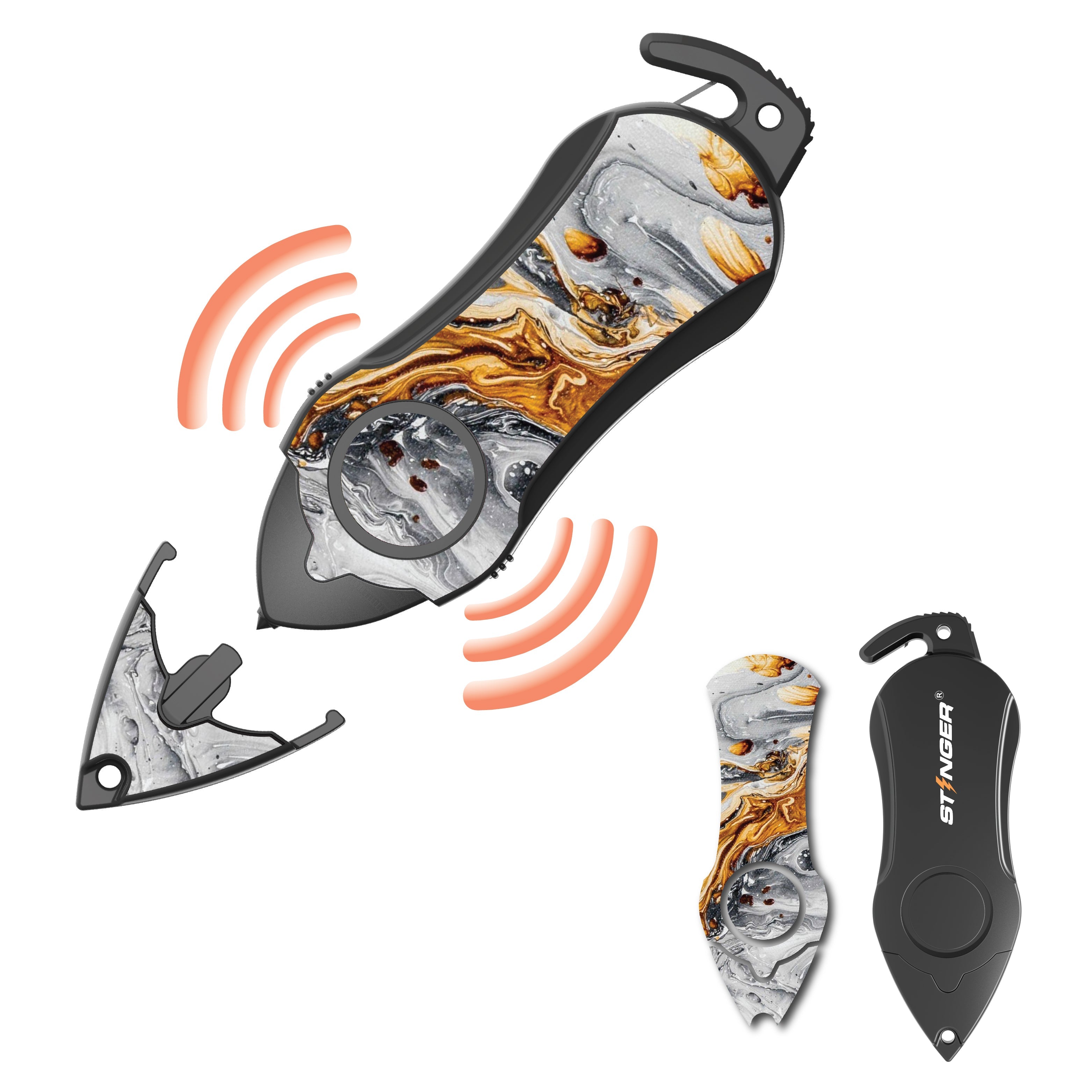 Stinger Personal Safety Alarm Keychain Emergency Tool: Siren Alarm, Seat Belt Cutter, Glass Breaker (Black Marble) (SC)