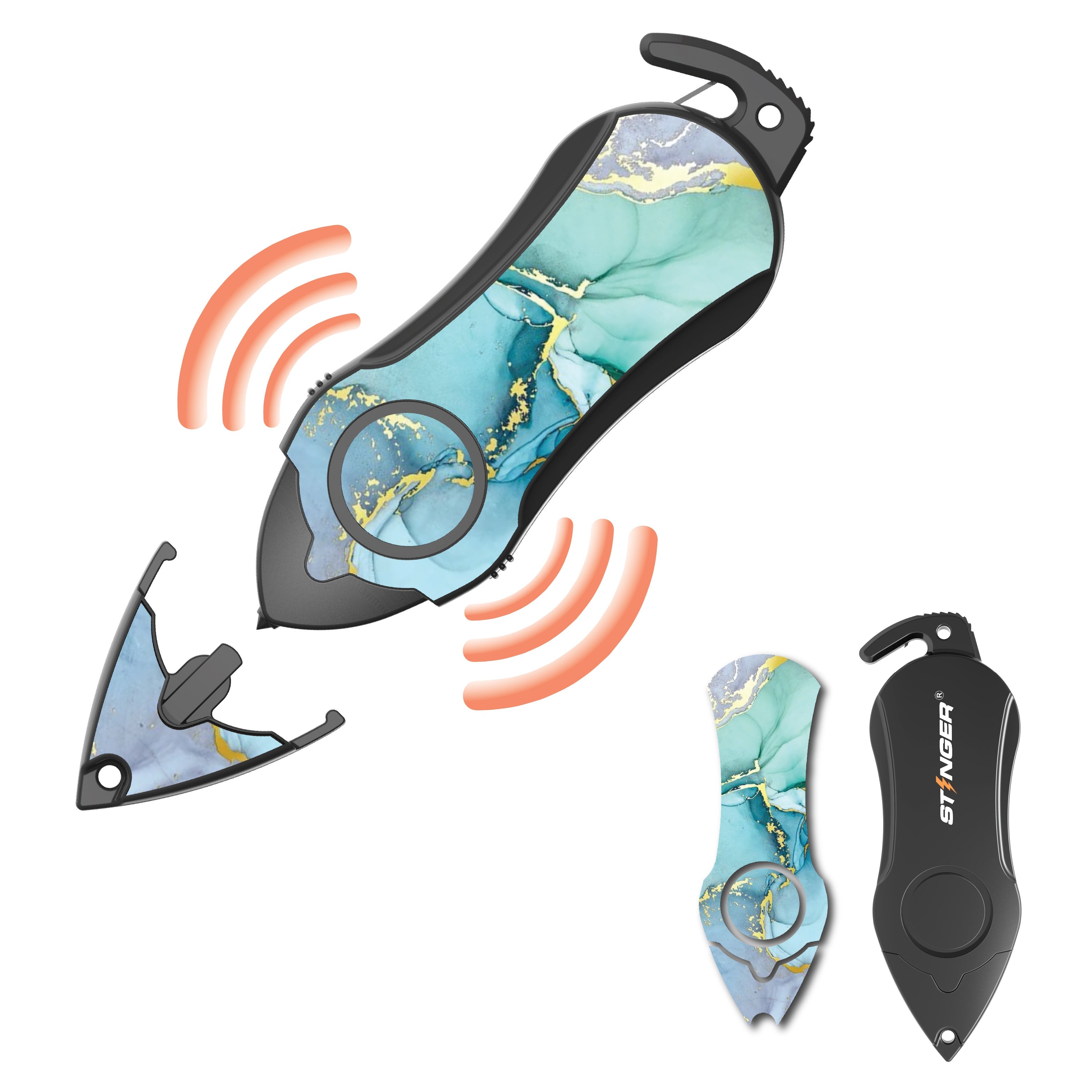 Stinger Personal Safety Alarm Keychain Emergency Tool: Siren Alarm, Seat Belt Cutter, Glass Breaker (Green Marble) (SC)