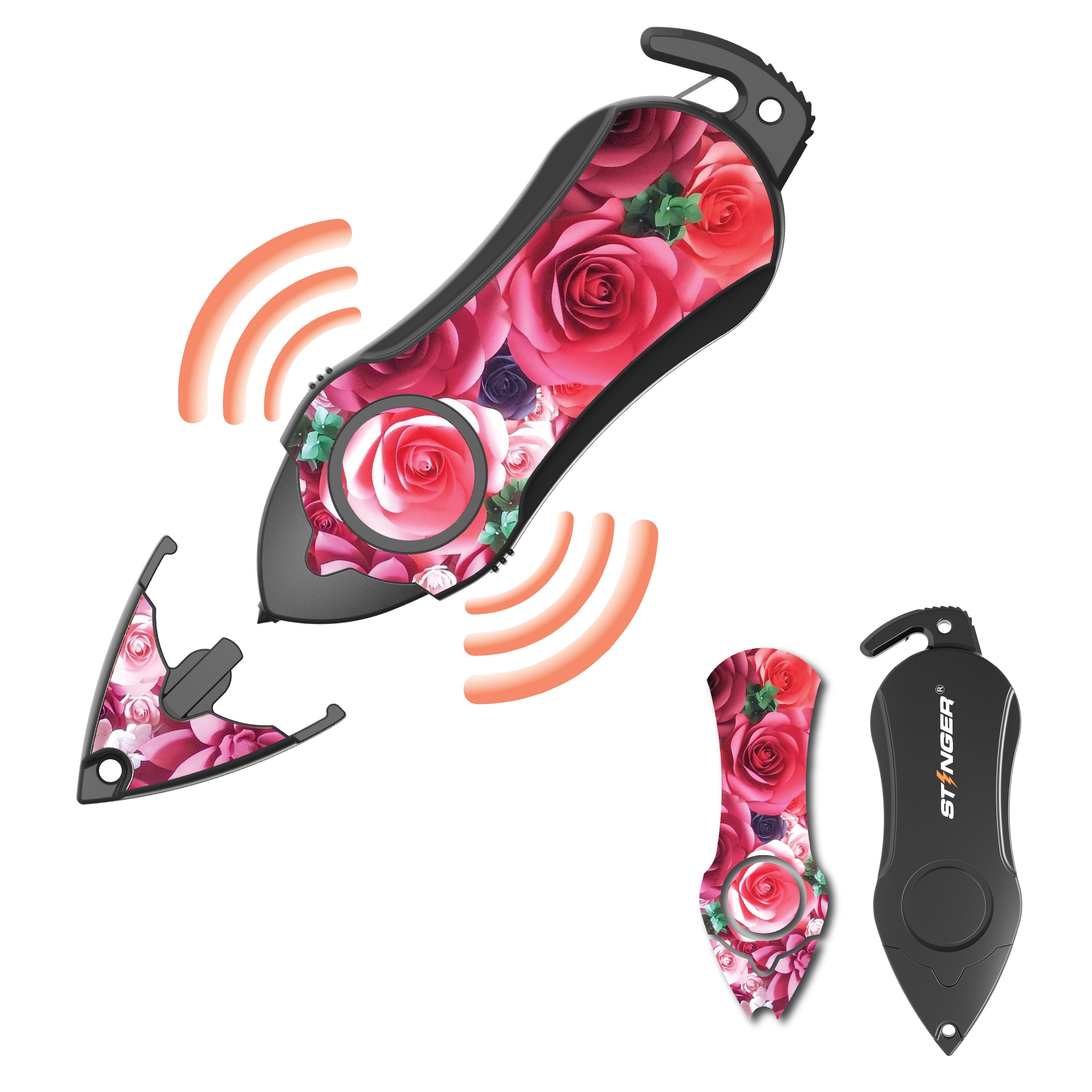 Stinger Personal Safety Alarm Keychain Emergency Tool: Siren Alarm, Seat Belt Cutter, Glass Breaker (Pink Rose) (SC)