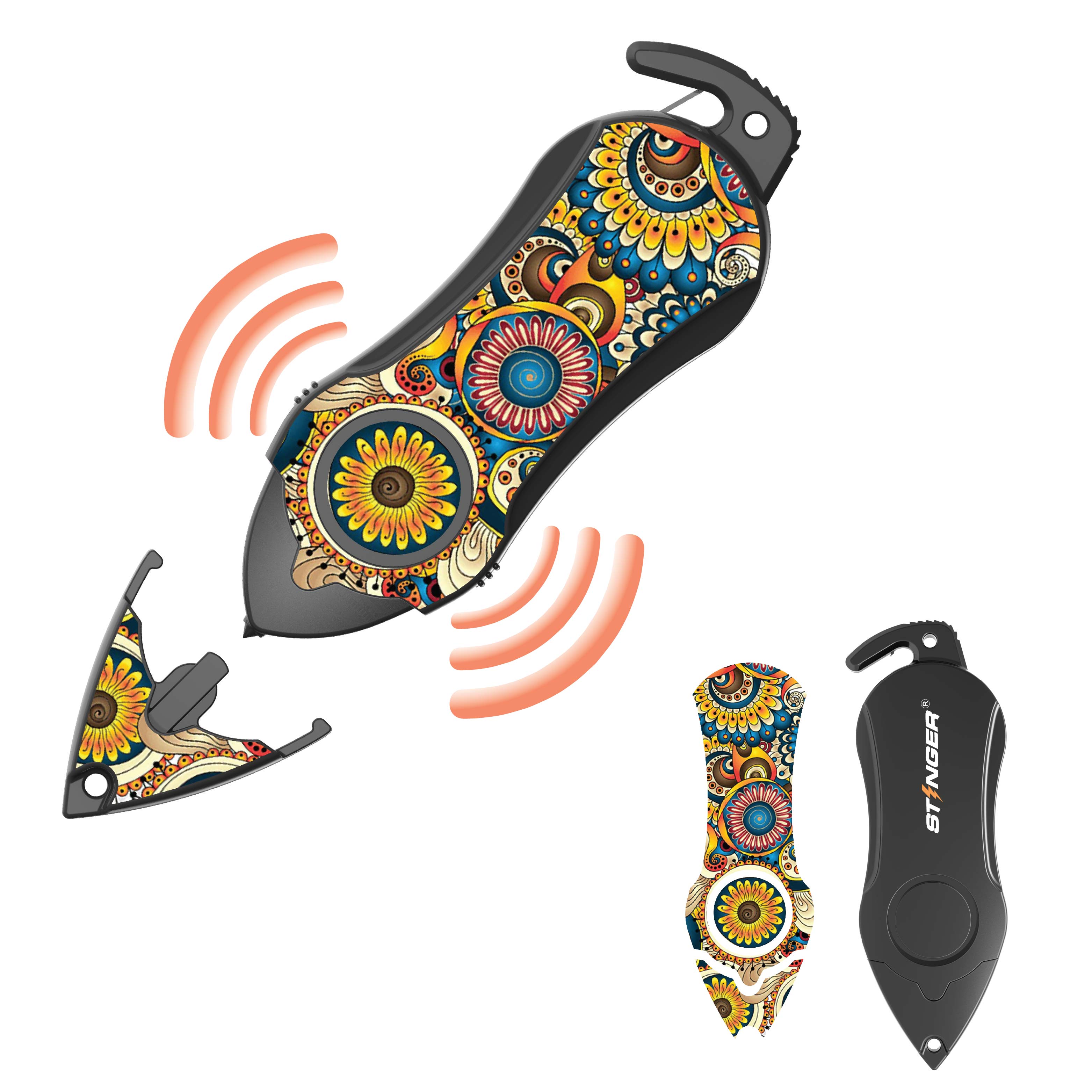 Stinger Personal Safety Alarm Keychain Emergency Tool: Siren Alarm, Seat Belt Cutter, Glass Breaker (Mandala) (SC)