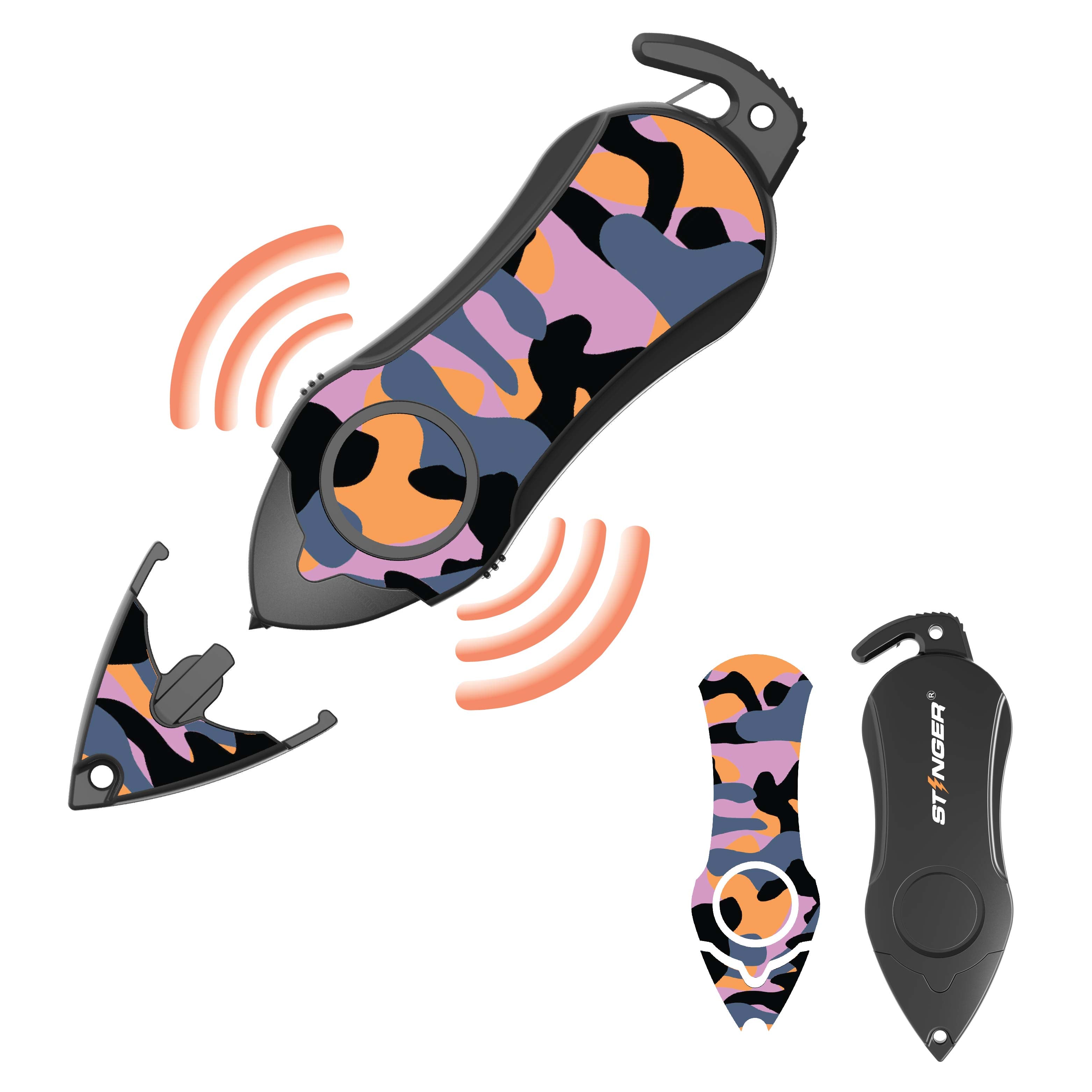 Stinger Personal Safety Alarm Keychain Emergency Tool: Siren Alarm, Seat Belt Cutter, Glass Breaker (Camouflage Purple) (SC)