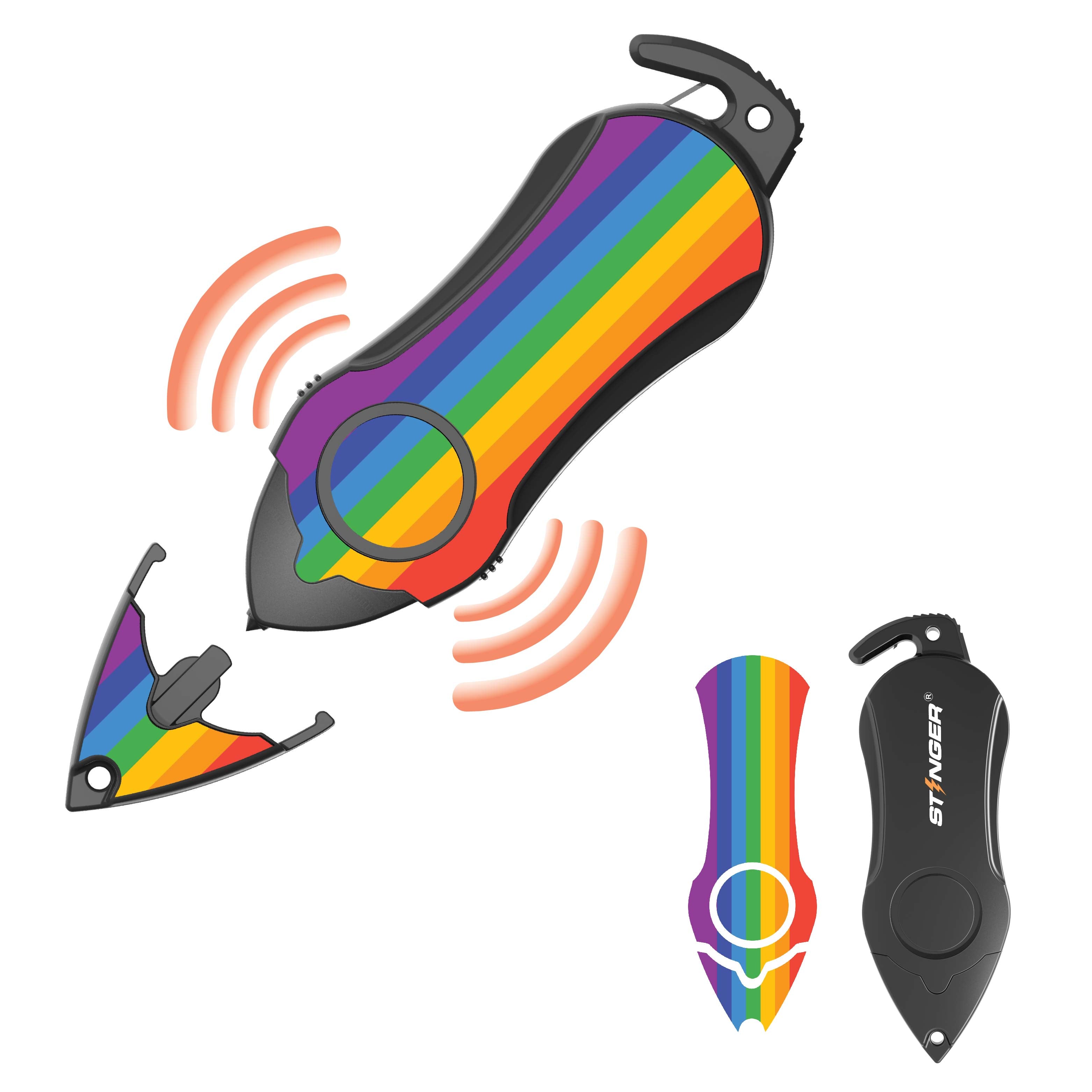 Stinger Personal Safety Alarm Keychain Emergency Tool: Siren Alarm, Seat Belt Cutter, Glass Breaker (Rainbow) (SC)