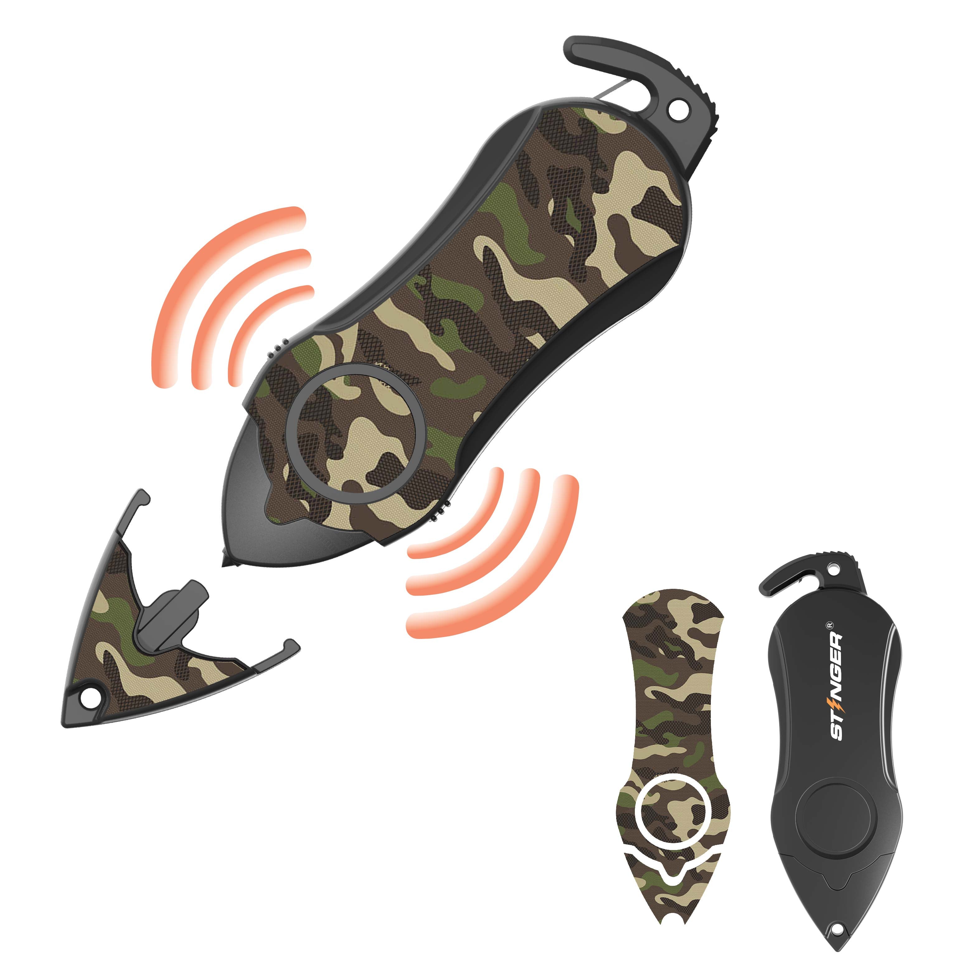 Stinger Personal Safety Alarm Keychain Emergency Tool: Siren Alarm, Seat Belt Cutter, Glass Breaker (Camouflage Green) (SC)