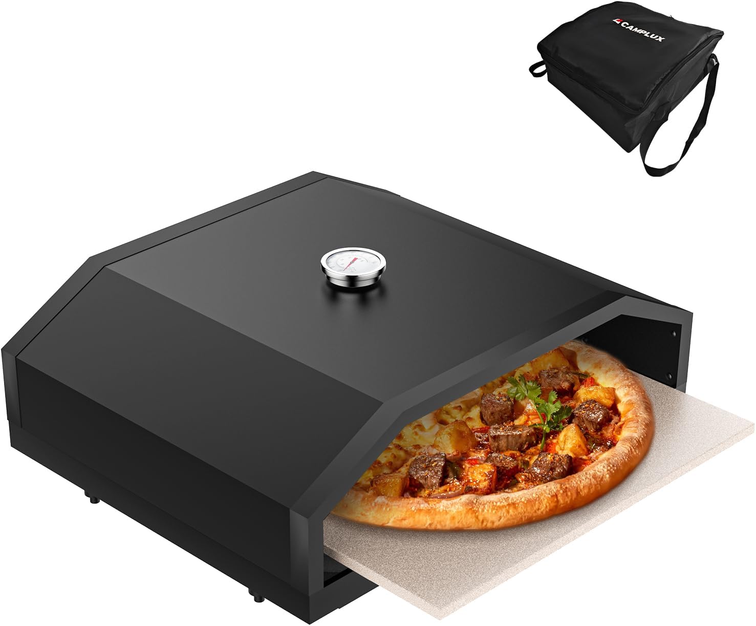 CAMPLUX 17 Inches Pizza Oven for Grill with Storage Bag and 14.8"×13" Cordierite Stone, Grill Top Pizza Oven Built-in Thermometer, Compatible with Propane & Charcoal Grill for Crispy Homemade Pizza