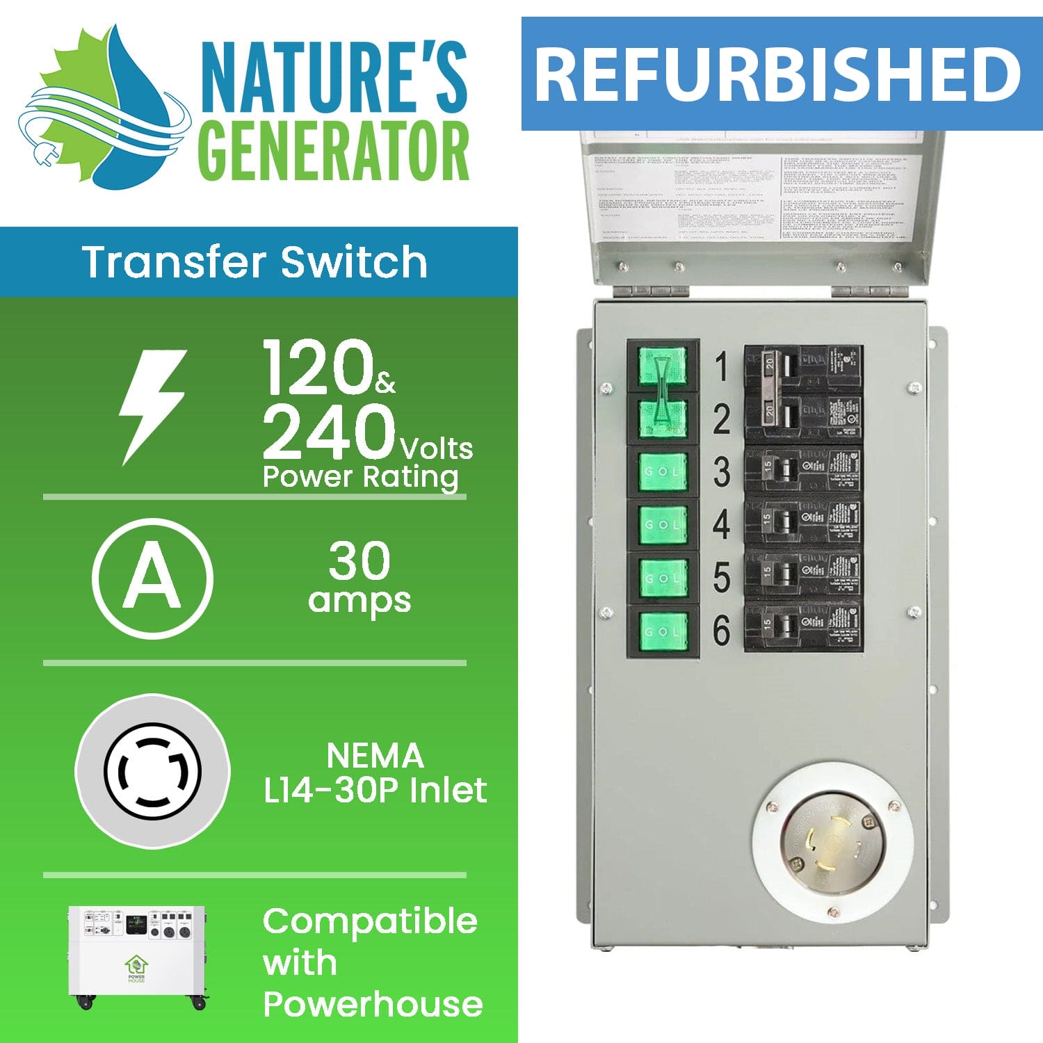 Refurbished - Nature's Generator 120V/240V 30A 6-Circuit Manual Transfer Switch (SC)