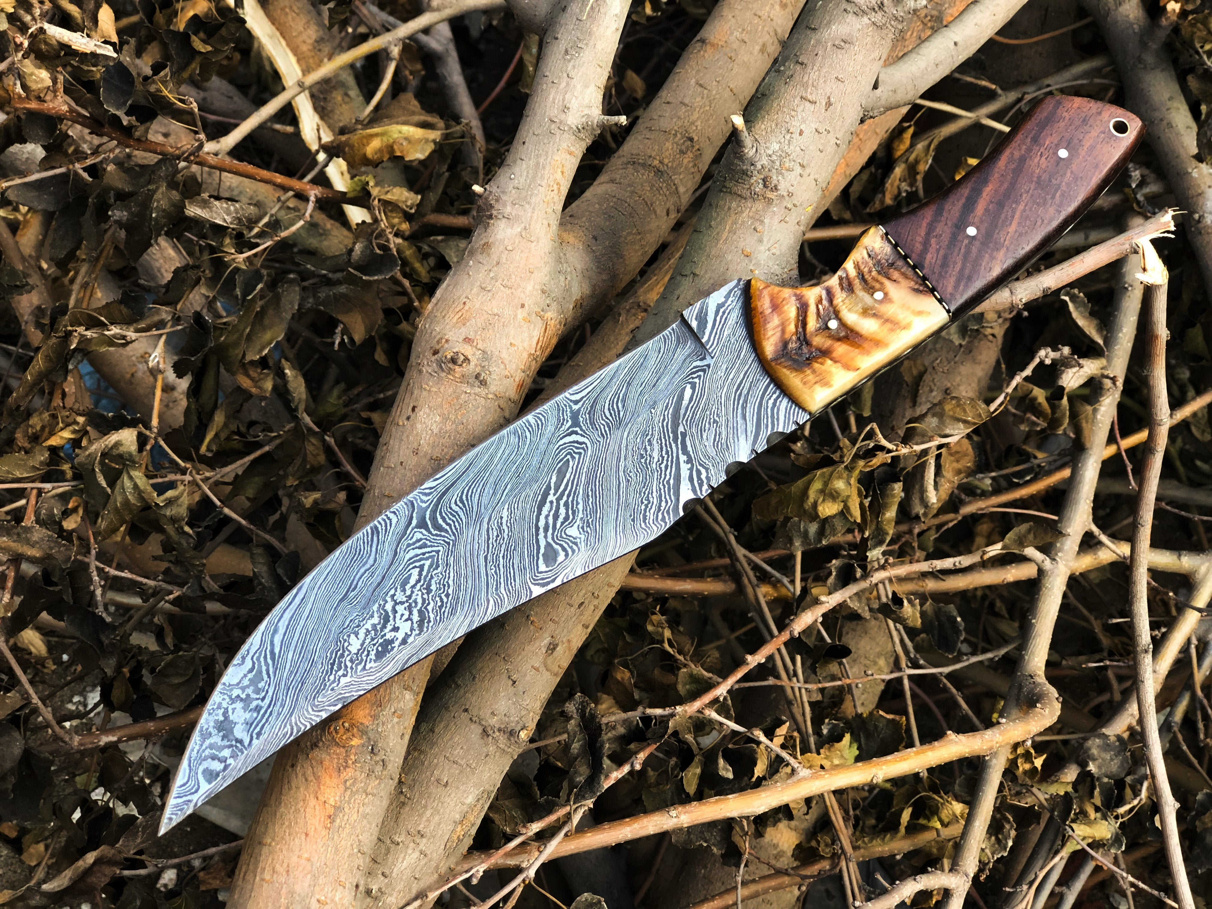 Custom Handcrafted Damascus Steel Hunting Bowie Knife with Rosewood & Sheep Horn Handle – 13-Inch Blade for Sale by KBS Knives (SC)