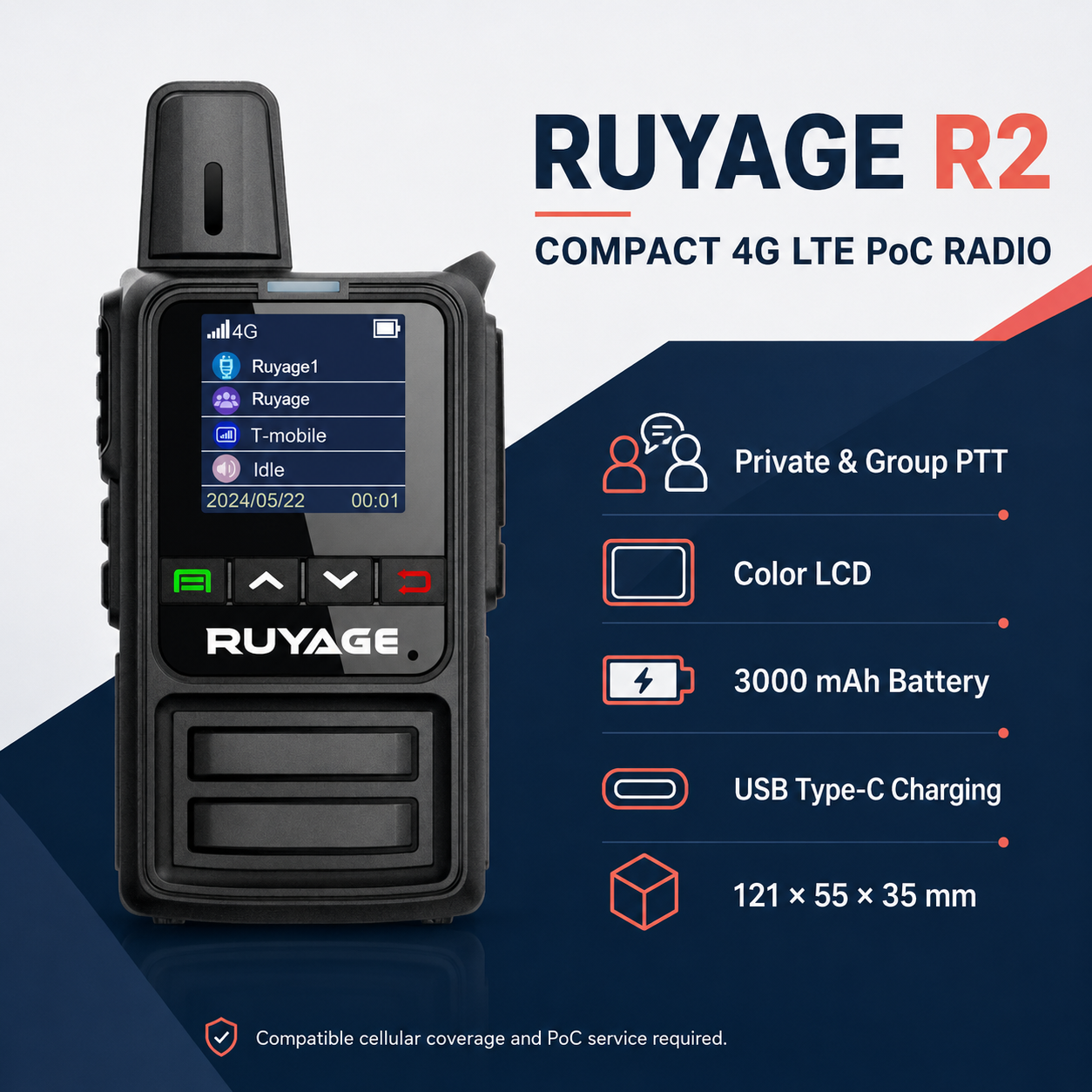 RUYAGE R2 Compact 4G LTE PoC Walkie Talkies – 2-Pack