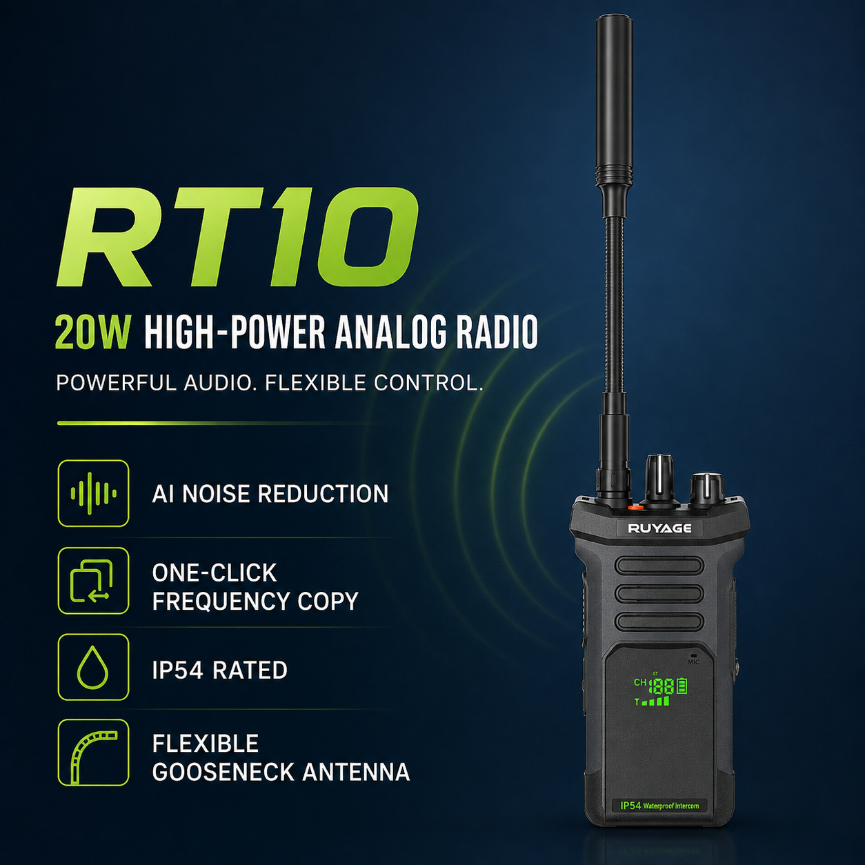 RUYAGE RT10 20W UHF Long-Range Analog Walkie Talkie