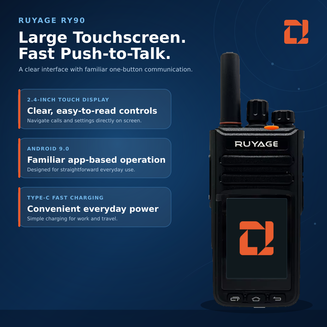 RUYAGE RY90 Zello-Compatible 4G LTE/WiFi Touchscreen Radio – 4000mAh