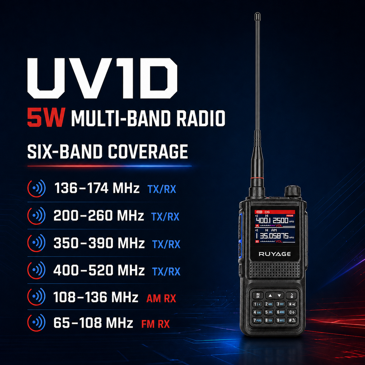 RUYAGE UV1D 5W 6-Band VHF/UHF Analog Walkie Talkie