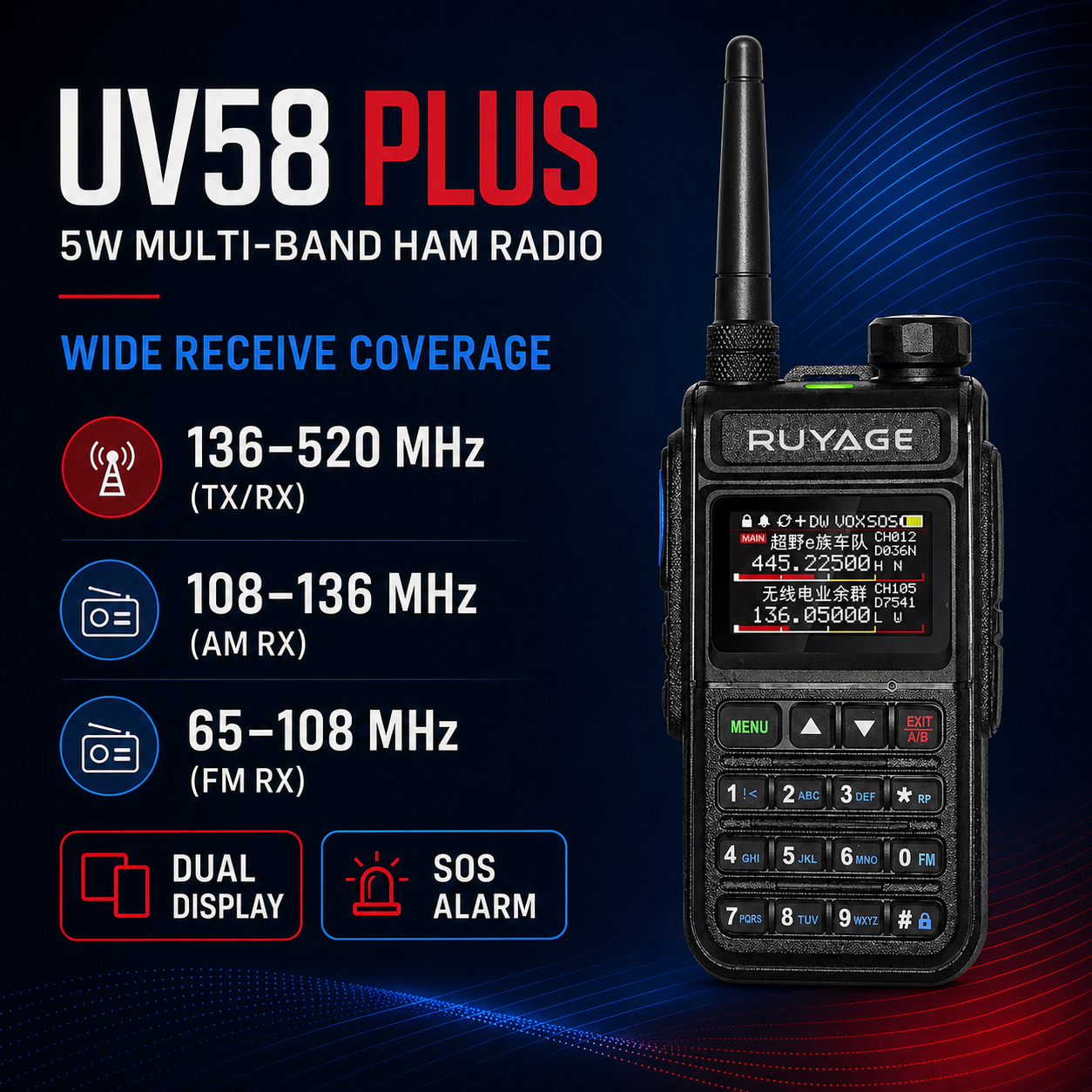 RUYAGE UV58 Plus 5W 6-Band Analog Walkie Talkie